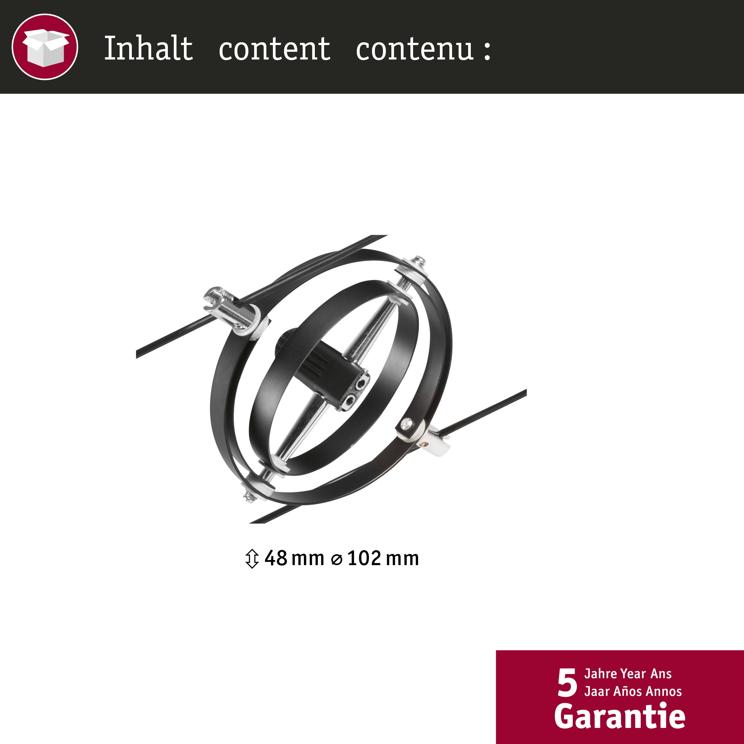 Un oggetto in metallo nero con anelli e cavi, misura 48 mm x 102 mm.