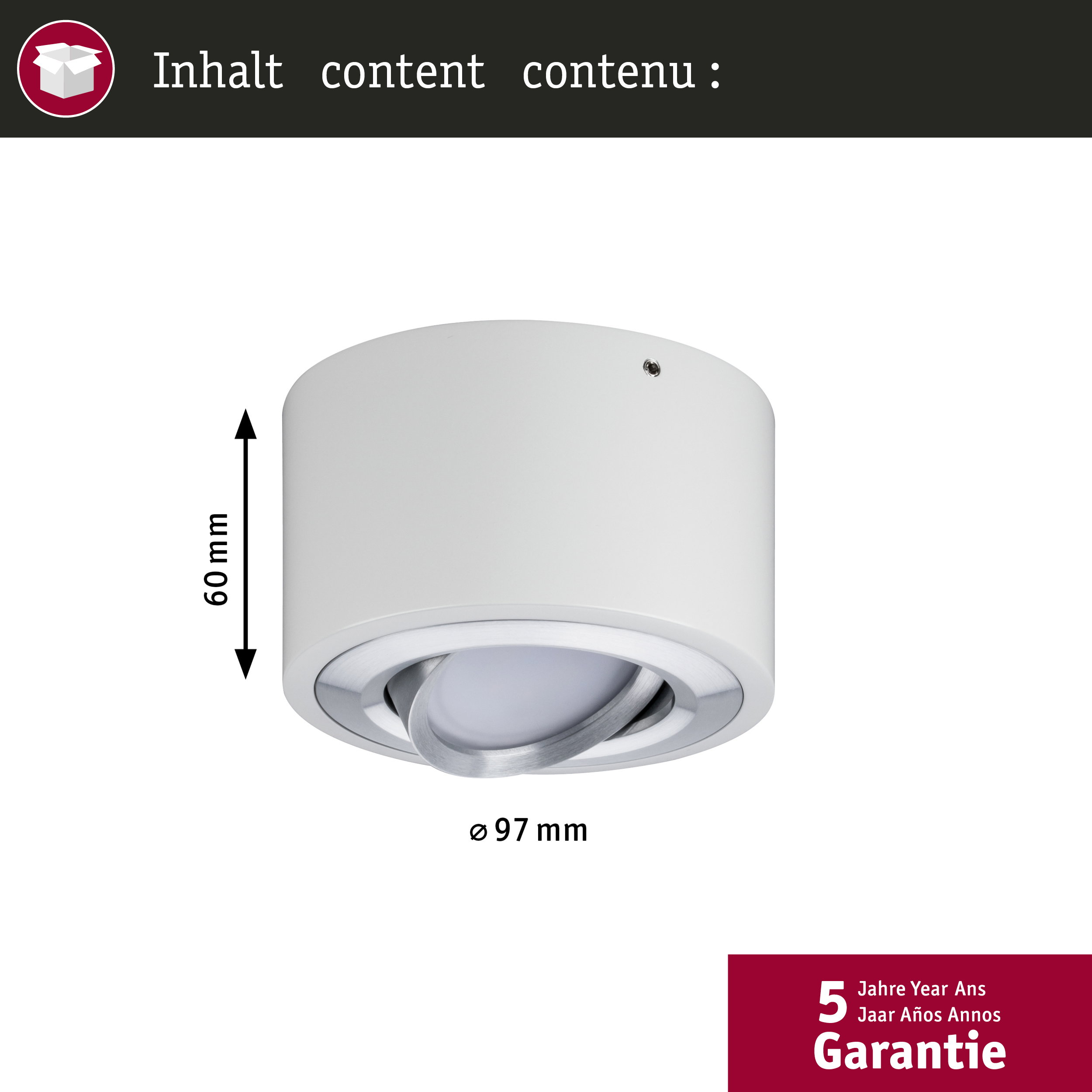 Lampada cilindrica bianca, diametro 97mm, altezza 60mm, orientabile.
