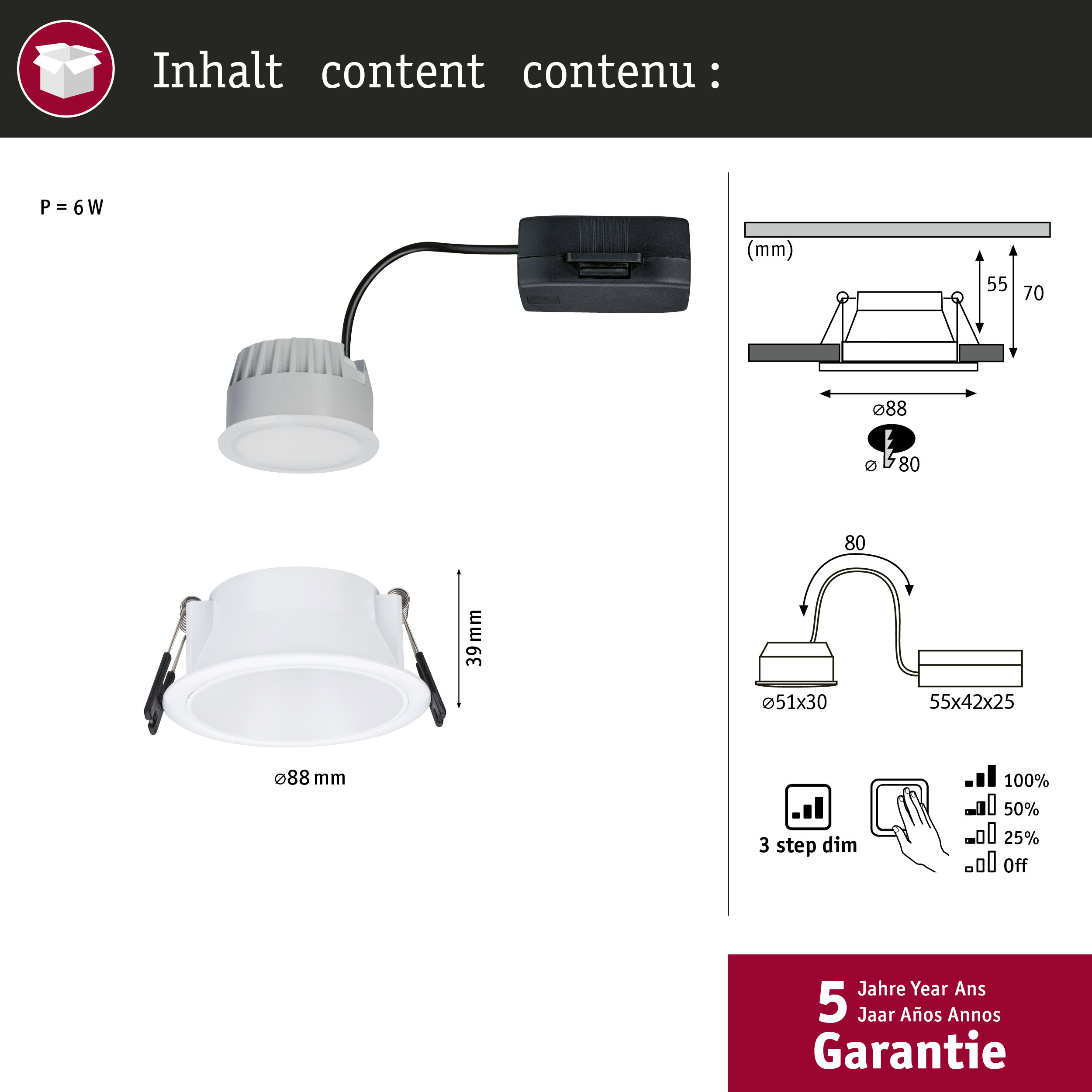 Luce da incasso da 6W, con dimensioni e dettagli di connessione.