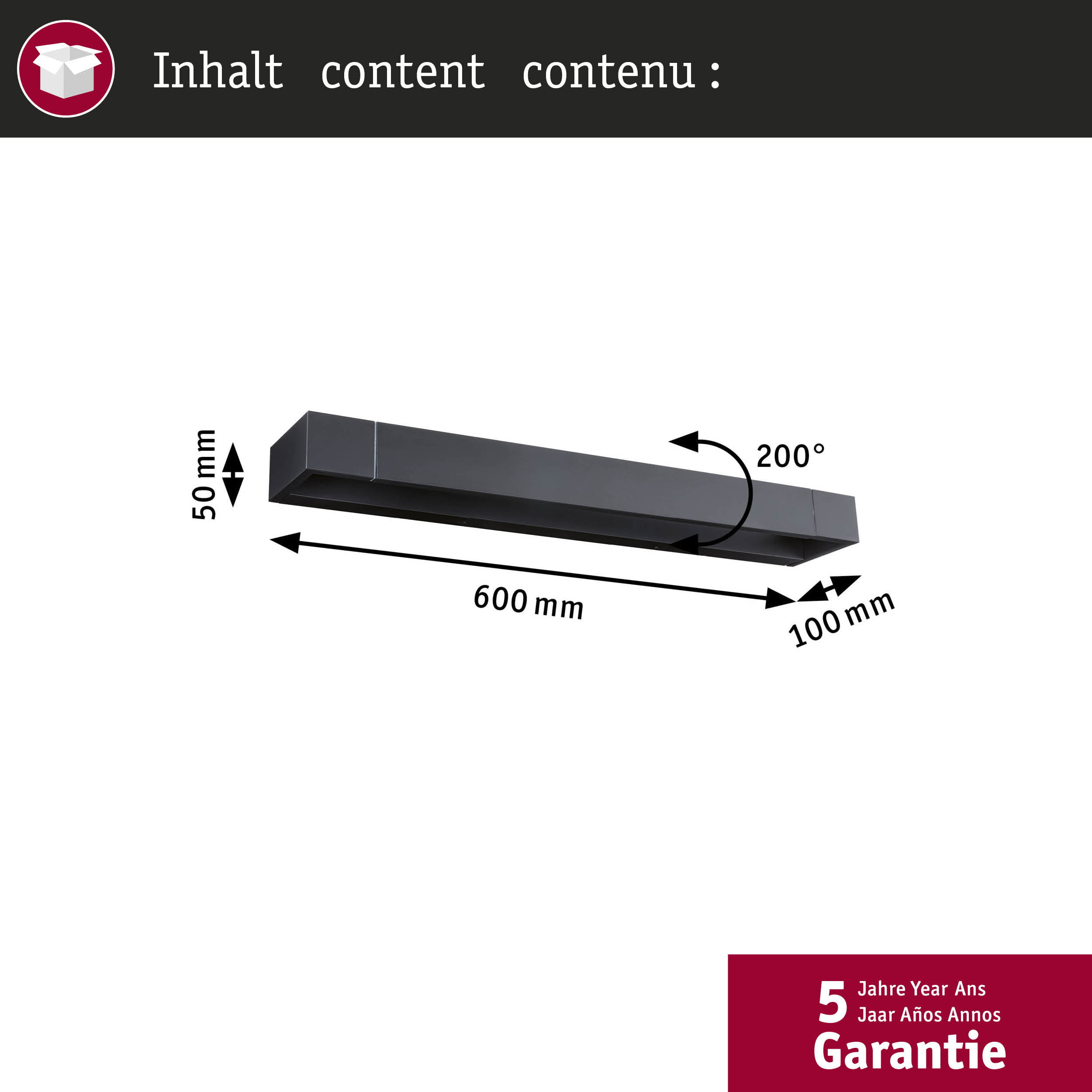 Schwarzer Balken 600x100x50mm mit 200° Winkelangabe und Garantiehinweis.