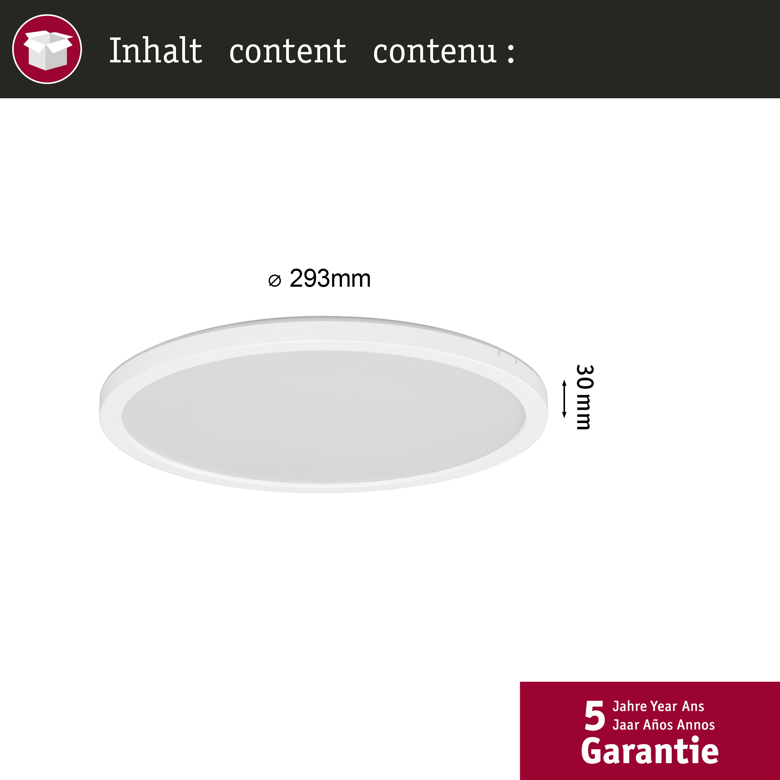 Weiße Deckenleuchte, Ø 293mm, 30mm hoch. 5 Jahre Garantie.