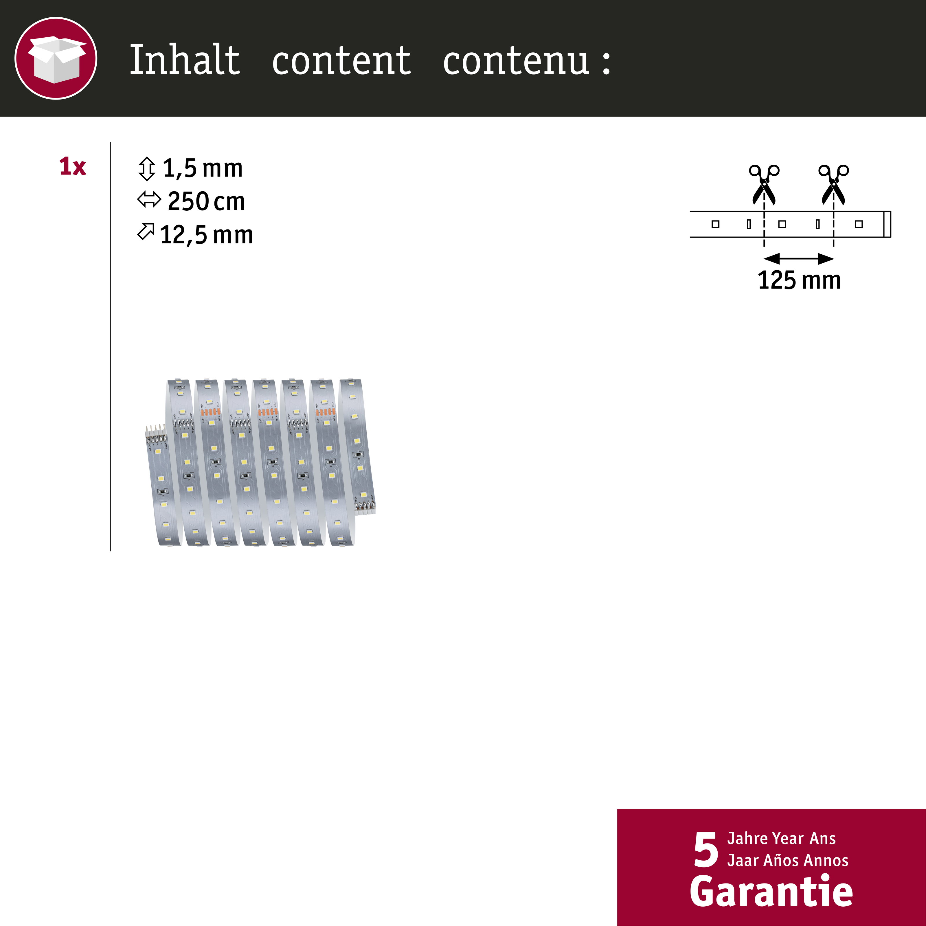 Ein Paket mit LED-Streifen, 1,5 mm dick, 250 cm lang und 12,5 mm breit.