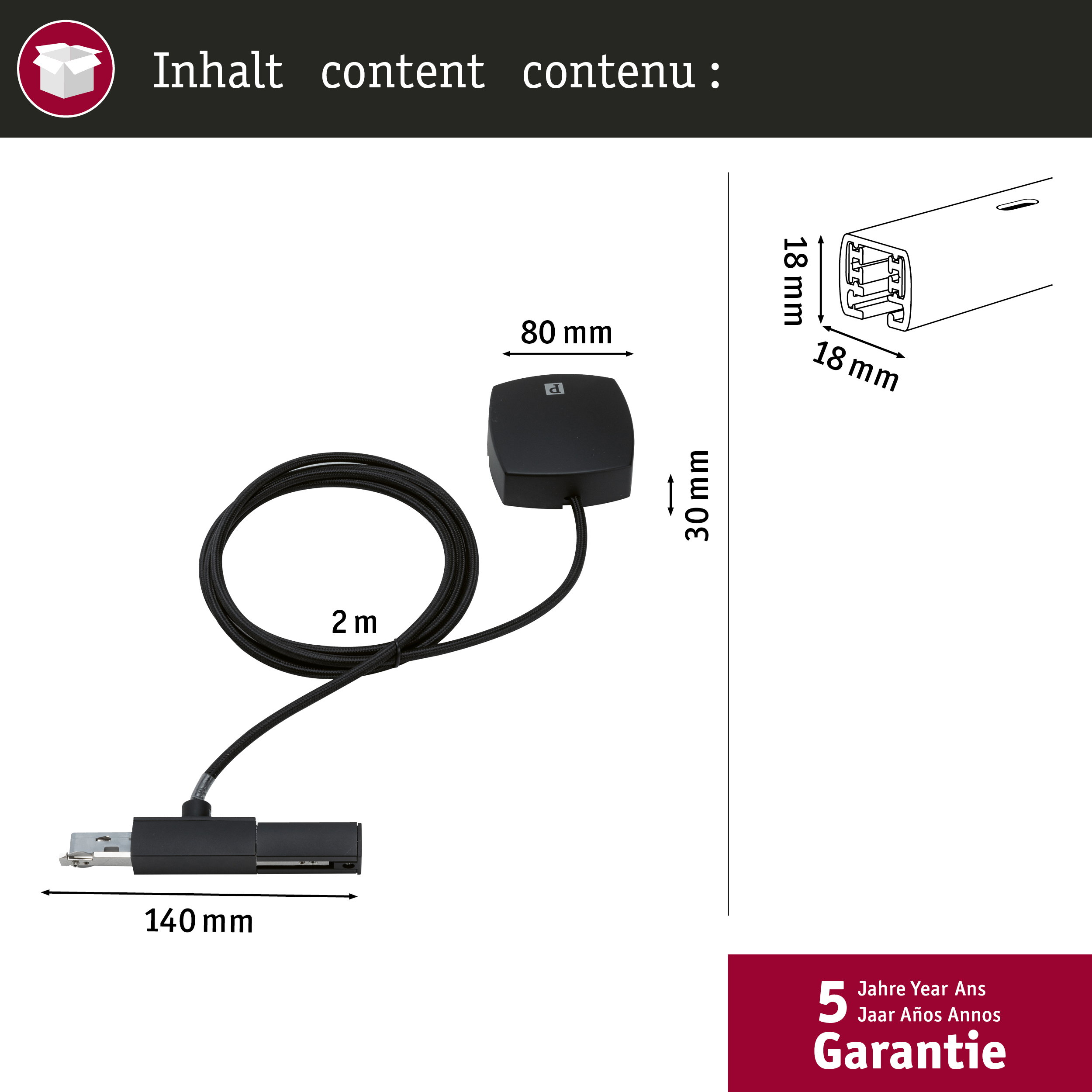 Schwarzer Adapter mit Kabel und Maßen, 5 Jahre Garantie.