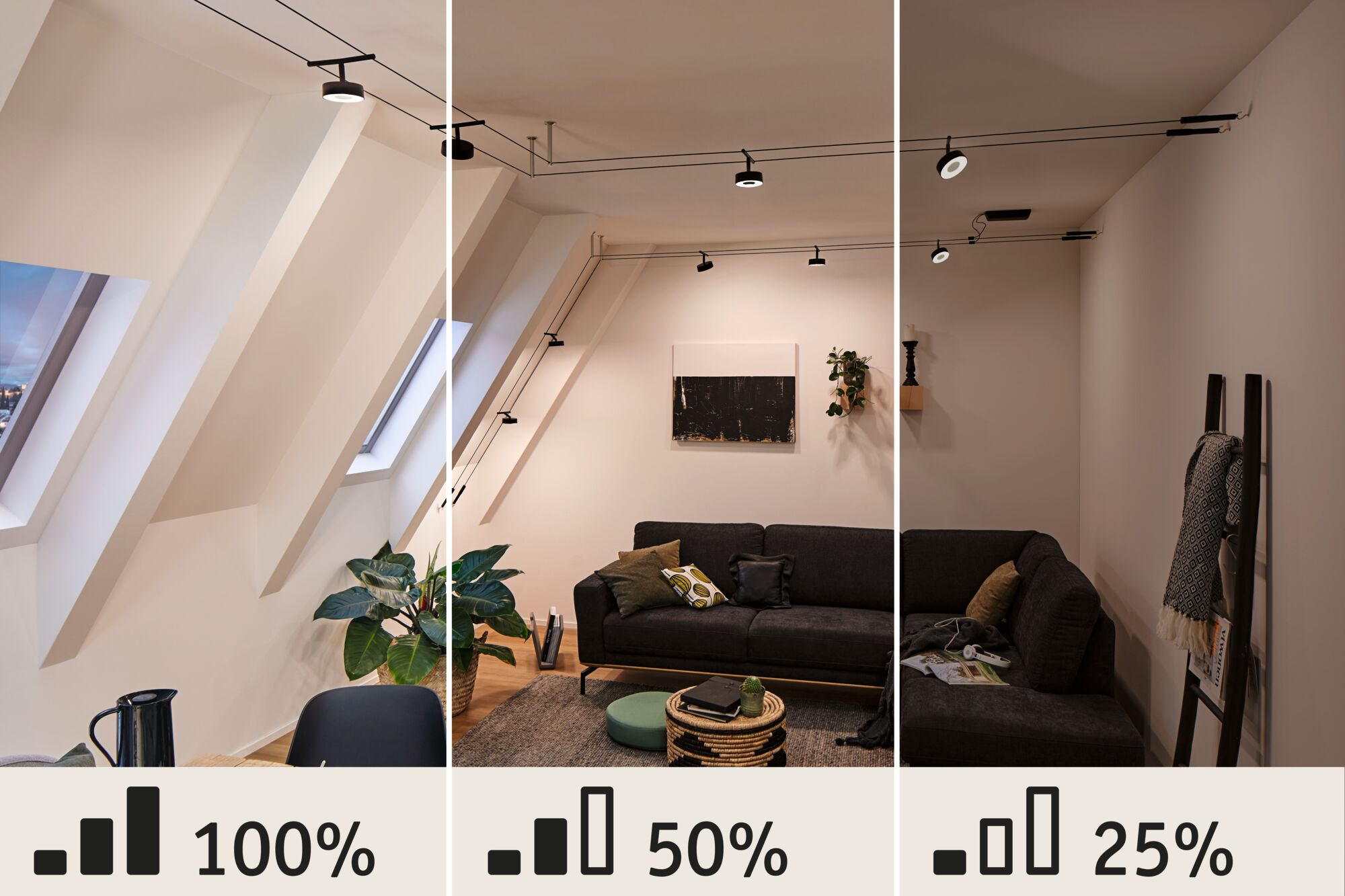 Ein Wohnzimmer mit Schienenspots bei 100%, 50% und 25% Helligkeit.