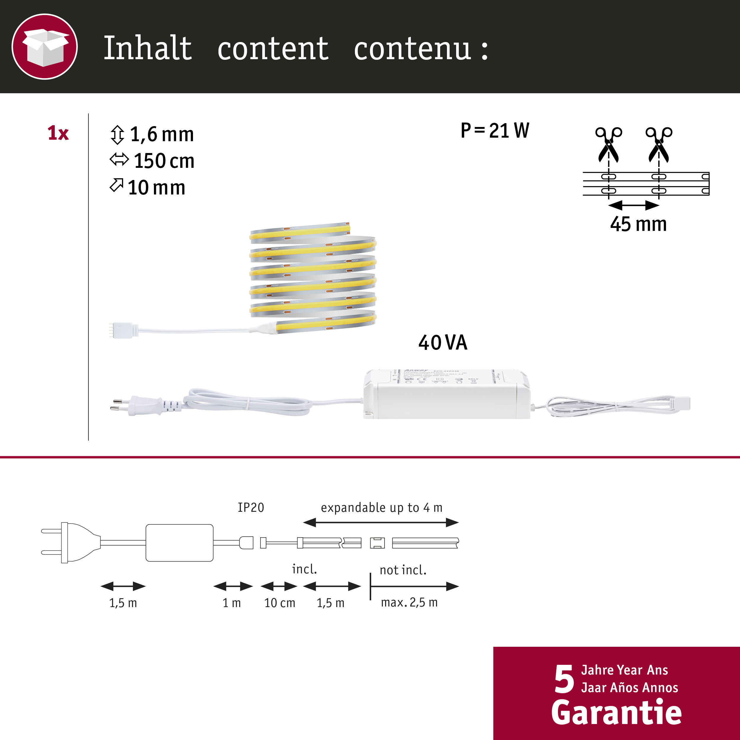 LED-Streifen mit Netzteil, Maße und Anschlussdetails.