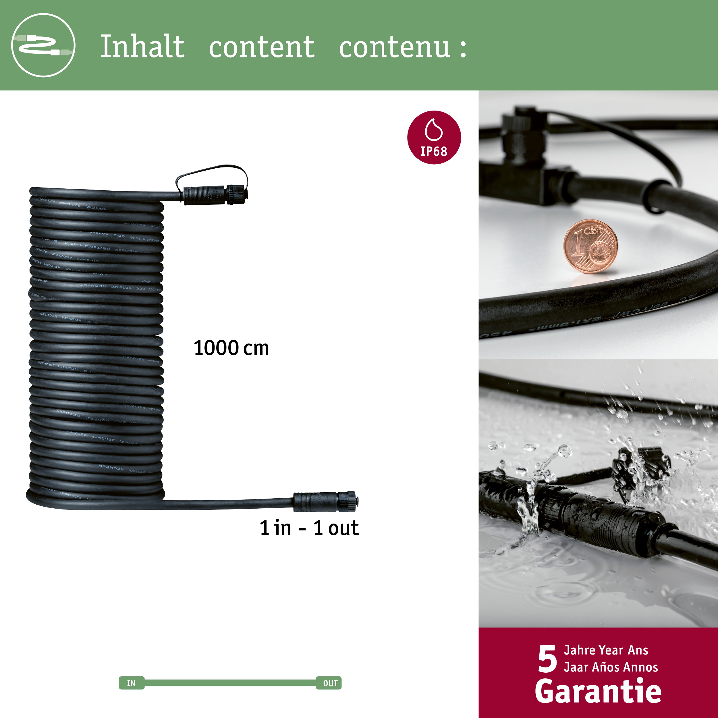 Czarny kabel 10m z połączeniem 1-wejście-1-wyjście, IP68, 5 lat gwarancji.