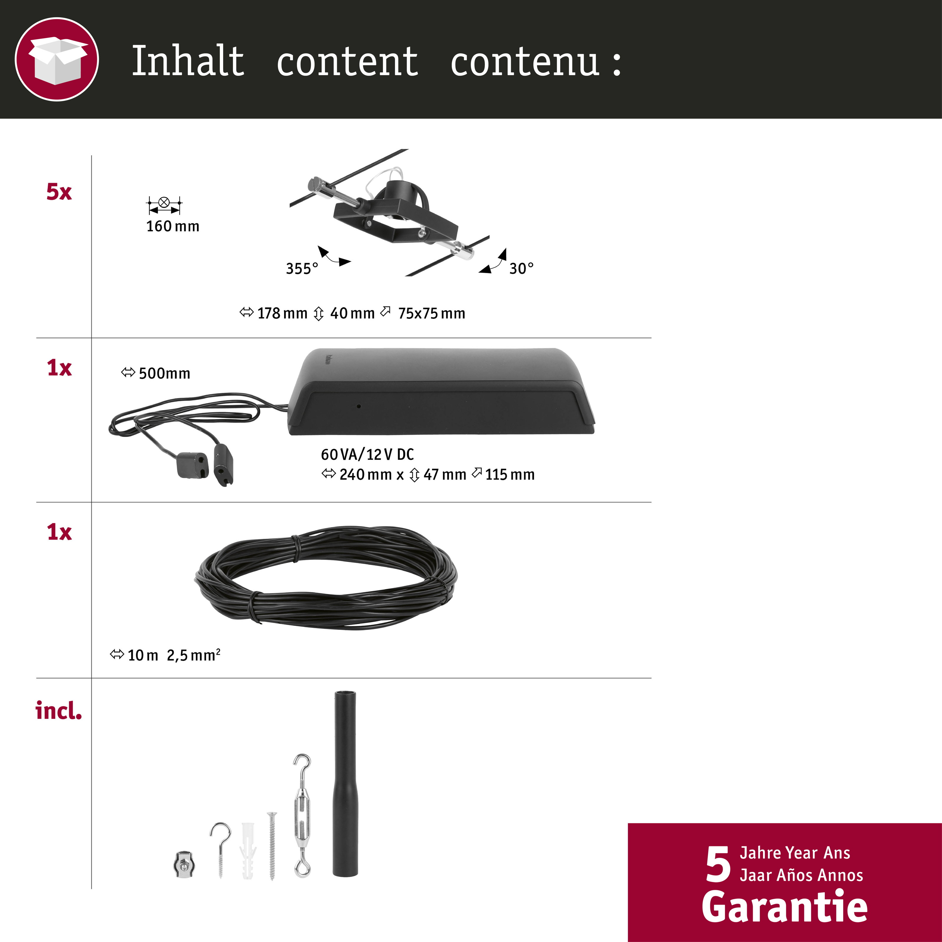 Dimensioni e contenuto: Antenna, alimentatore, cavo, ferramenta.