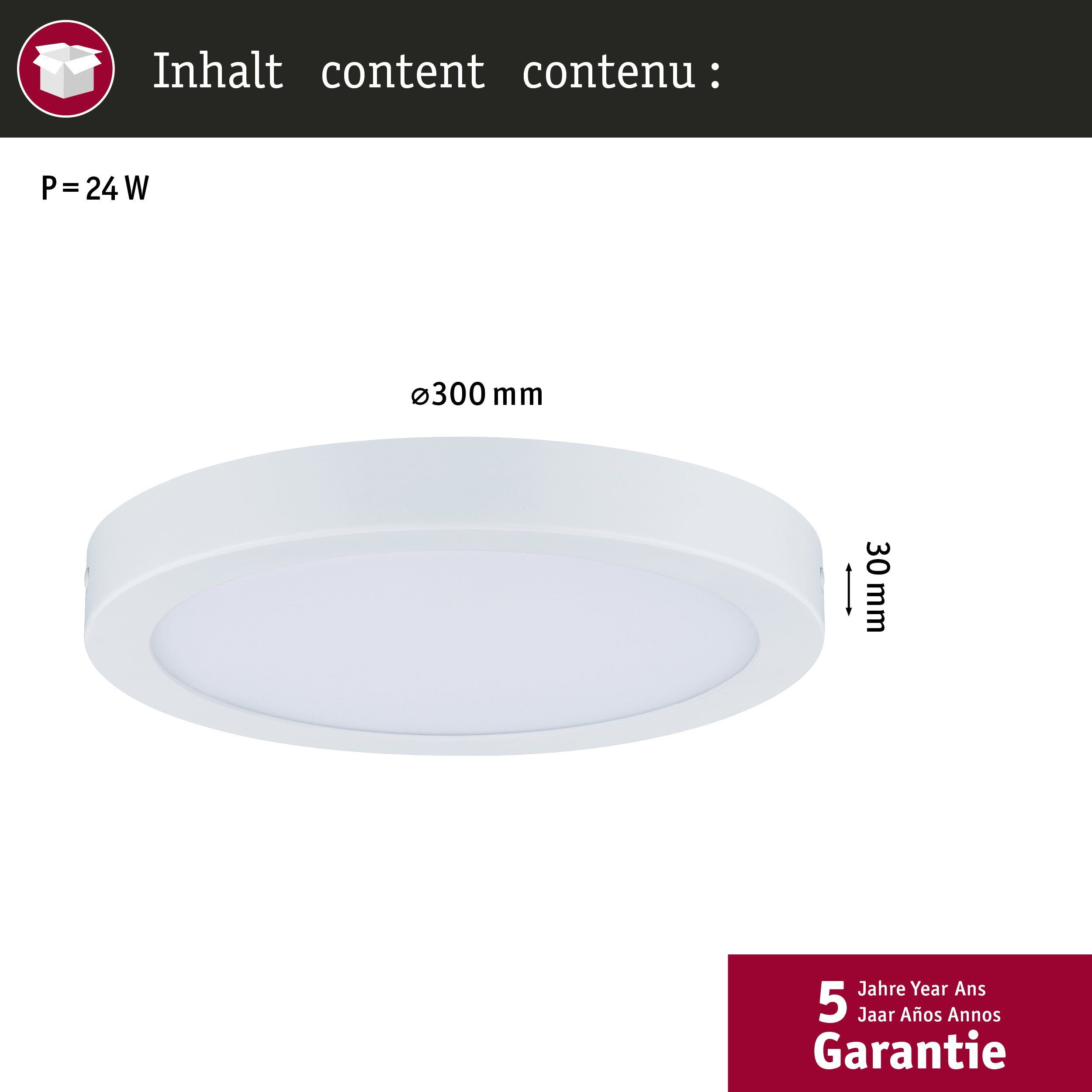 Luce da soffitto bianca, 300mm diametro, 30mm altezza, 24W.