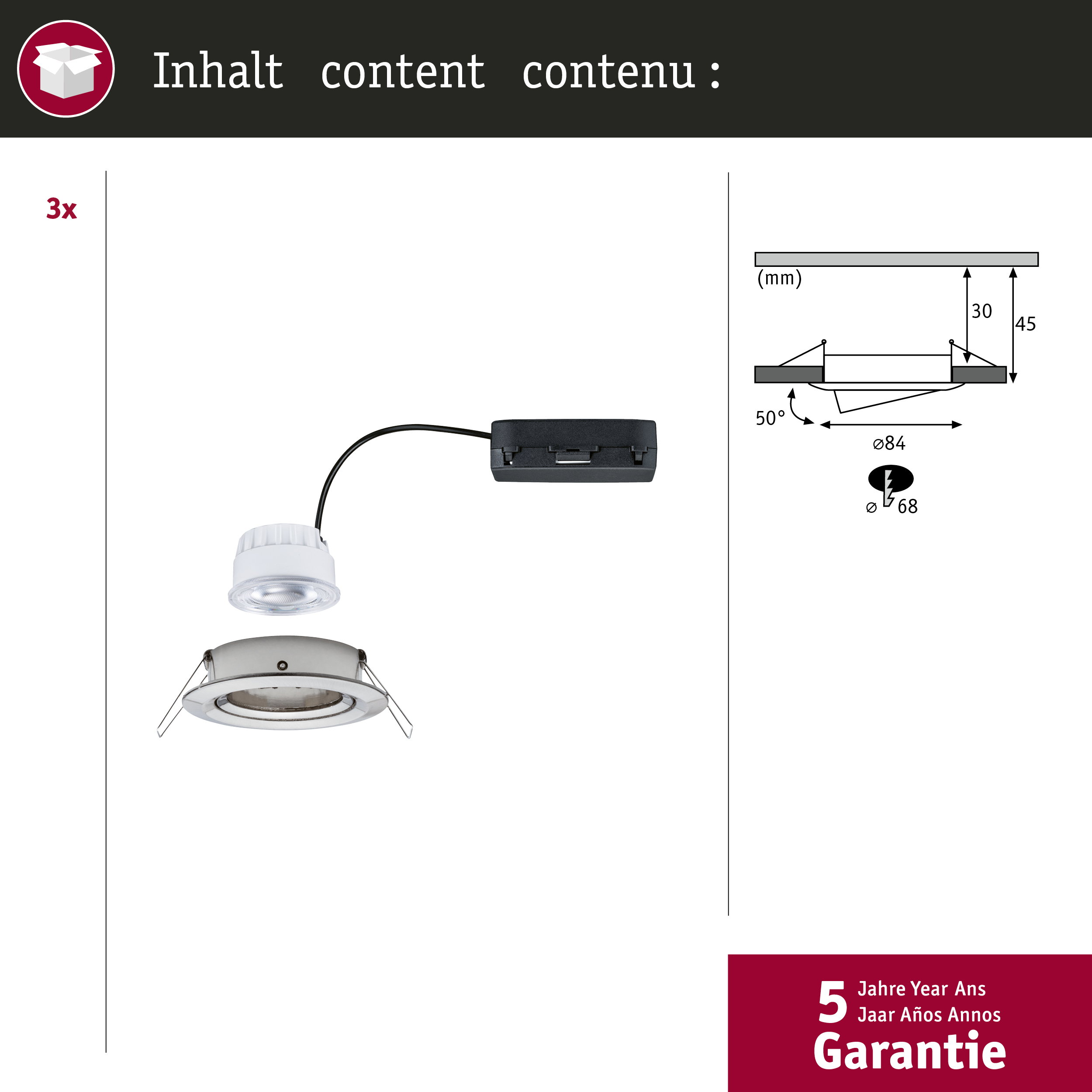 Lampa wpuszczana z rysunkiem technicznym i informacją o gwarancji.