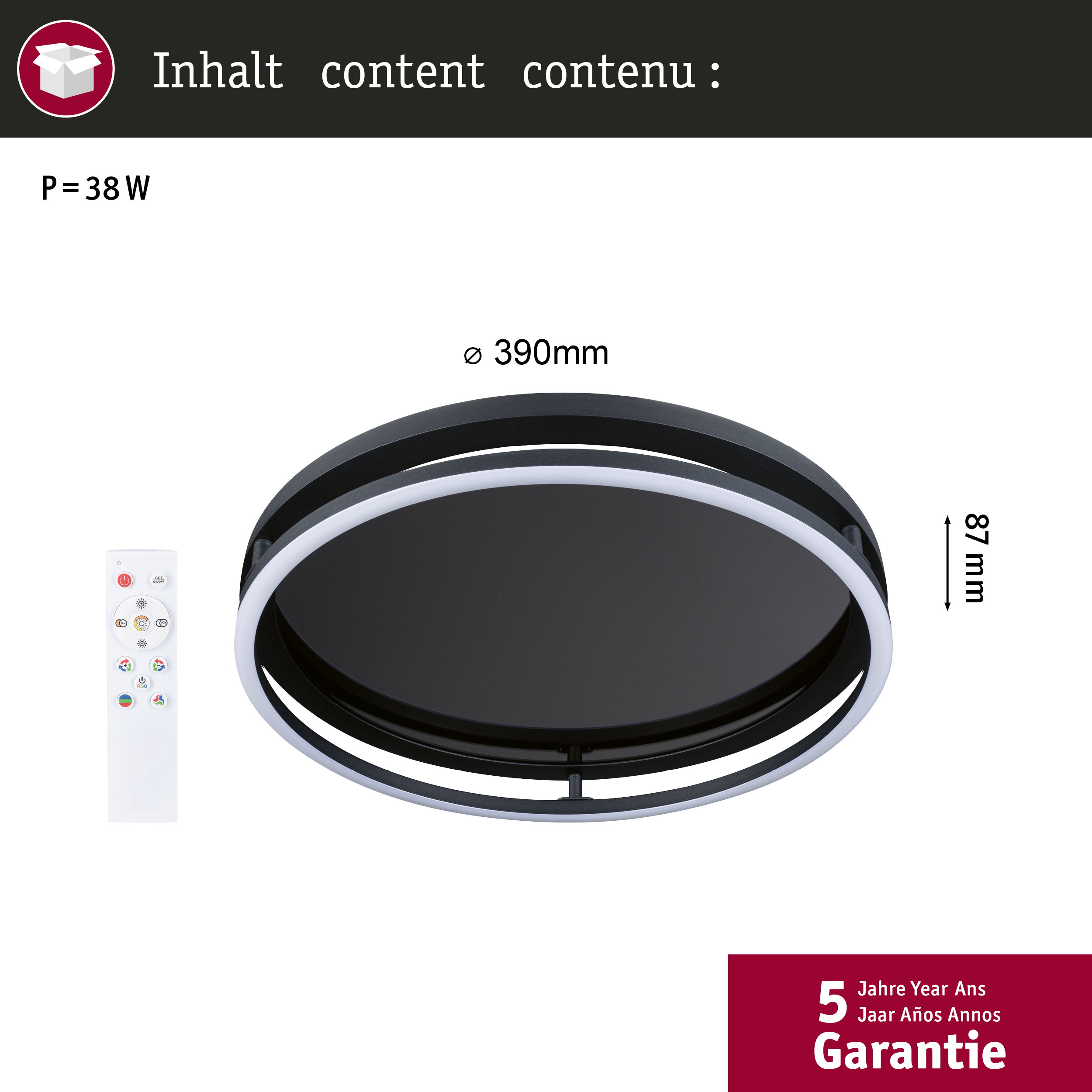 Okrągła, czarna lampa sufitowa z pilotem, średnica 390mm, wysokość 87mm.