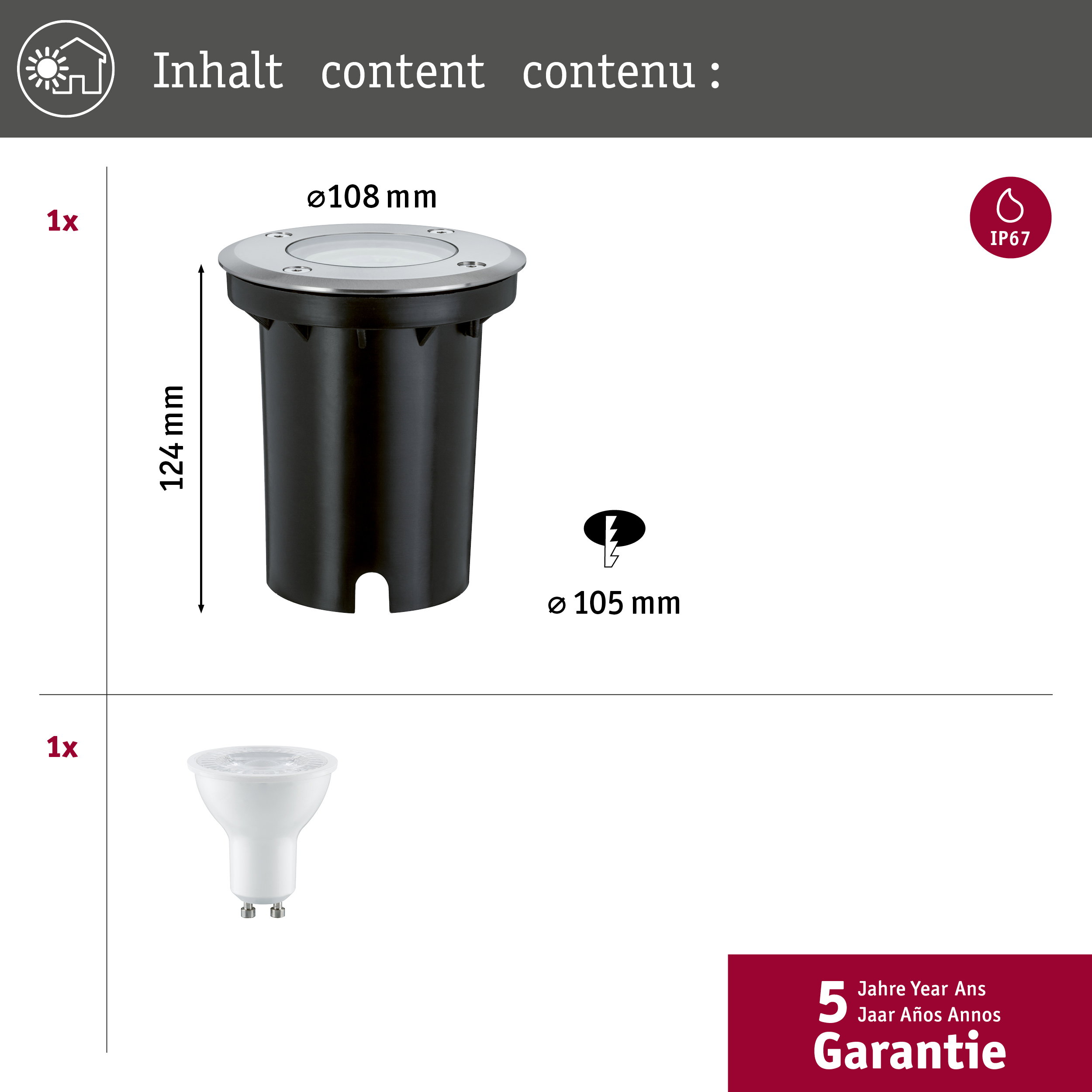 Lampa najazdowa (Ø108mm, 124mm H) i żarówka. IP67.