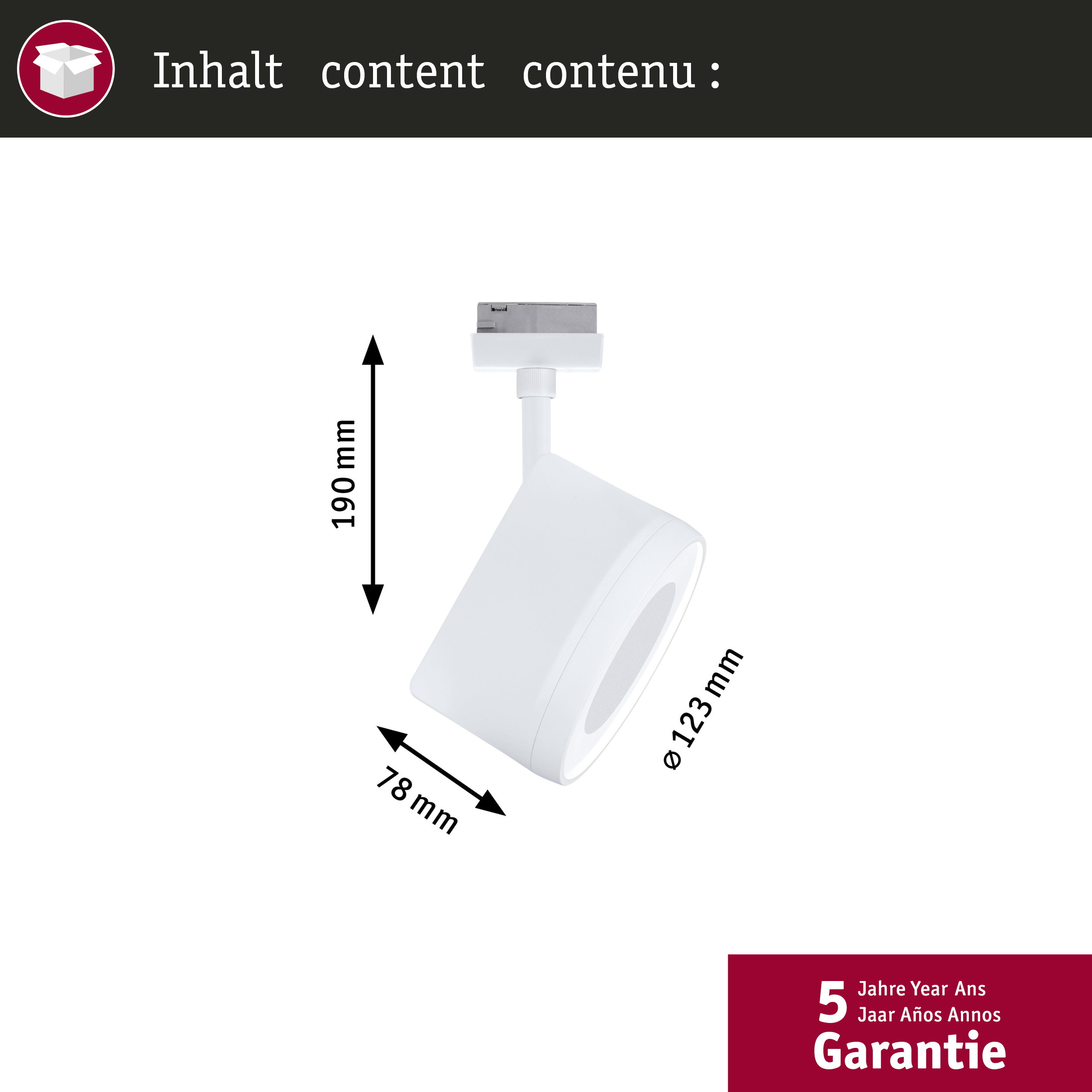 Eine weiße Lampe mit Maßen von 190mm Höhe und 123mm Durchmesser.