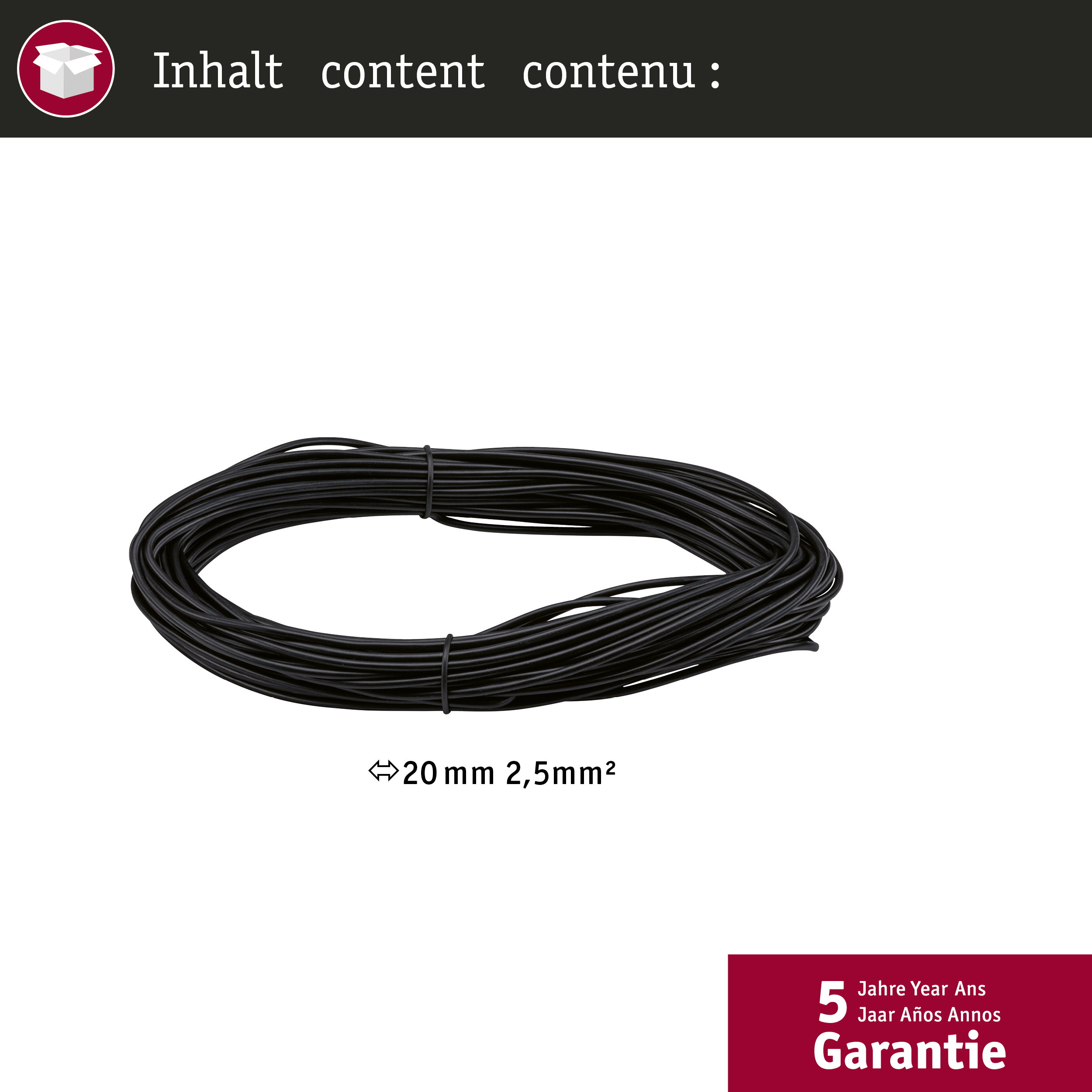 Cavo nero, diametro 20mm, sezione 2,5mm², arrotolato. Garanzia 5 anni.