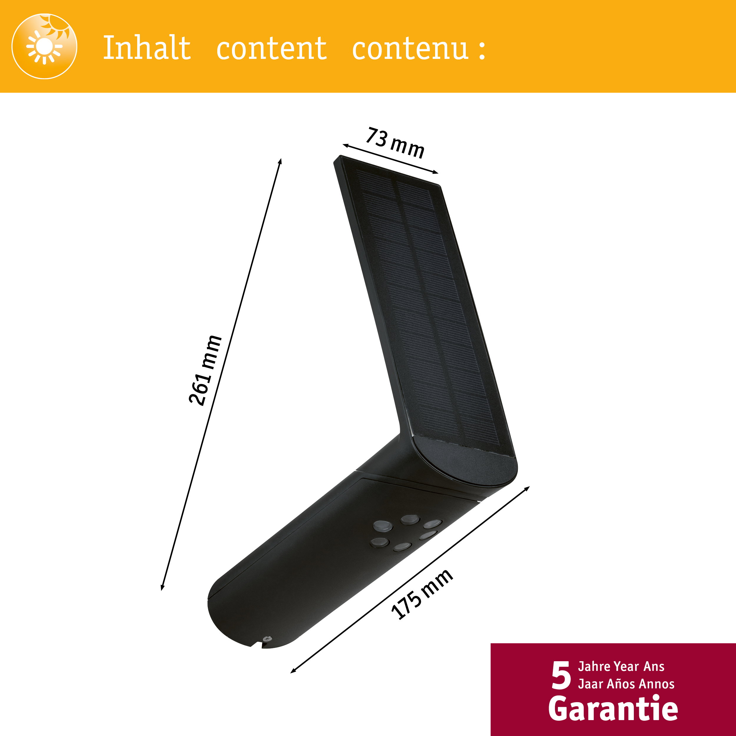 Solarbetriebenes Gerät mit Maßen 261x73x175mm und 5 Jahre Garantie.