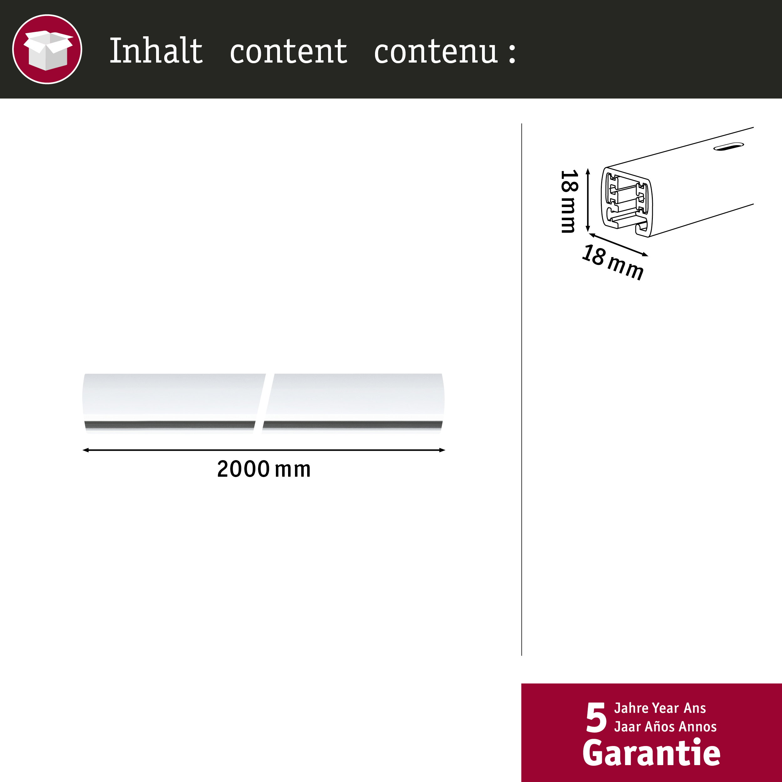 Ein 2000 mm langes Profil mit 18 mm Dicke und 5 Jahre Garantie.