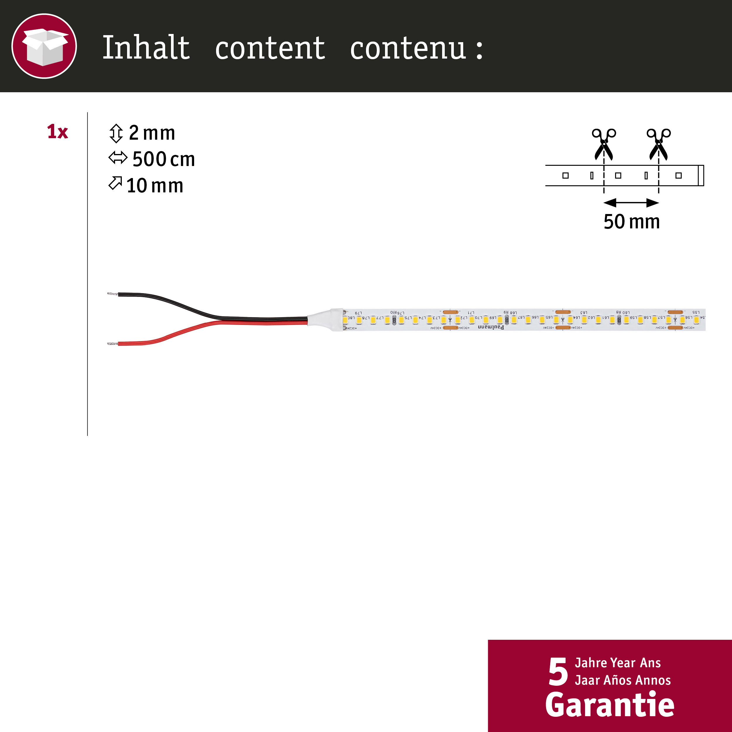 LED-Streifen mit roten und schwarzen Kabeln, 2mm x 500cm x 10mm.