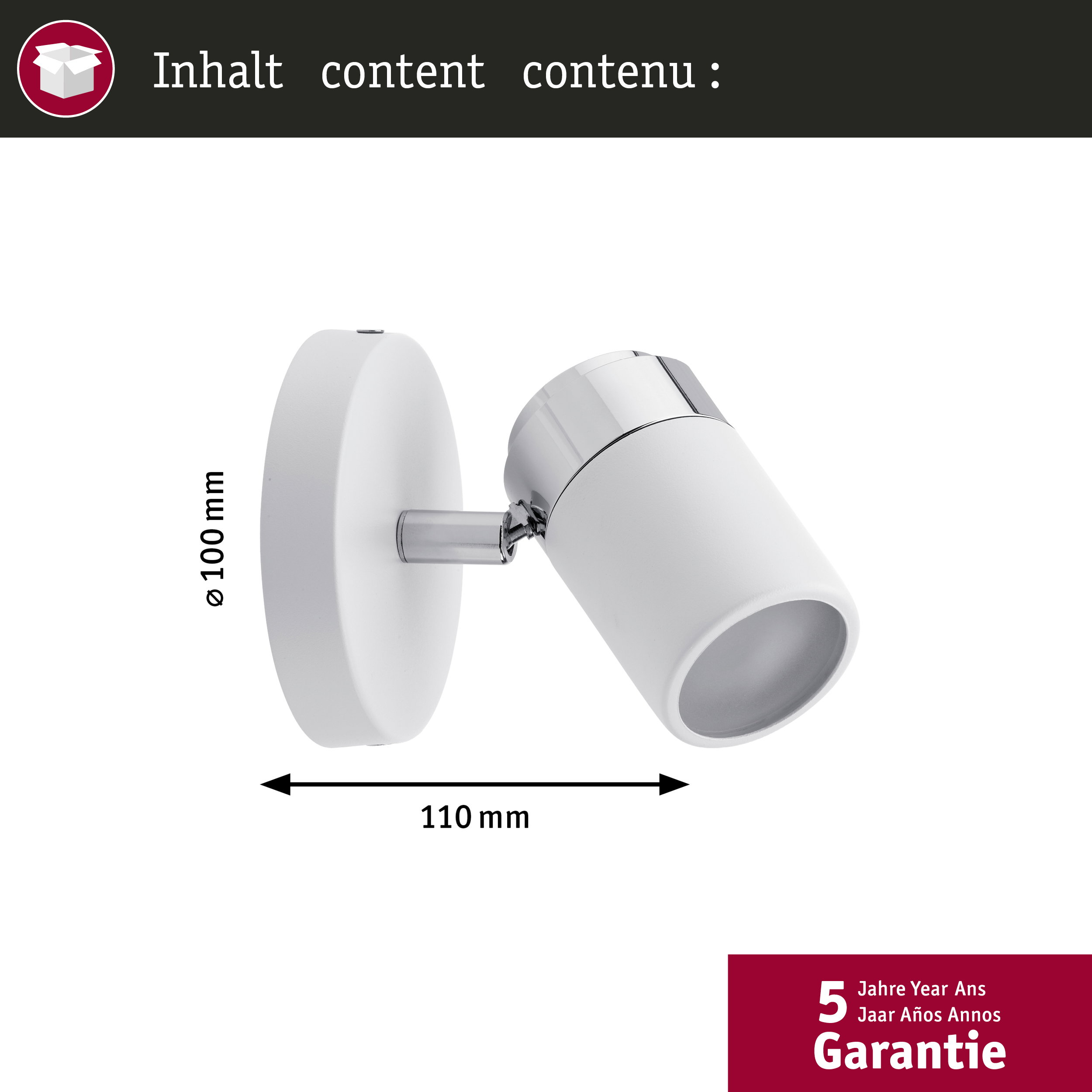 Un faretto da parete bianco con dettagli cromati, diametro 100mm, largo 110mm.