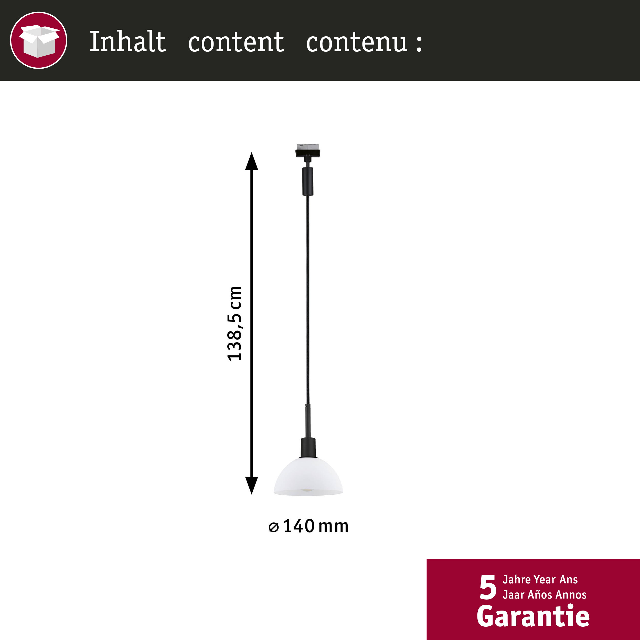 Eine weiße Pendelleuchte mit schwarzem Kabel und Halterung.