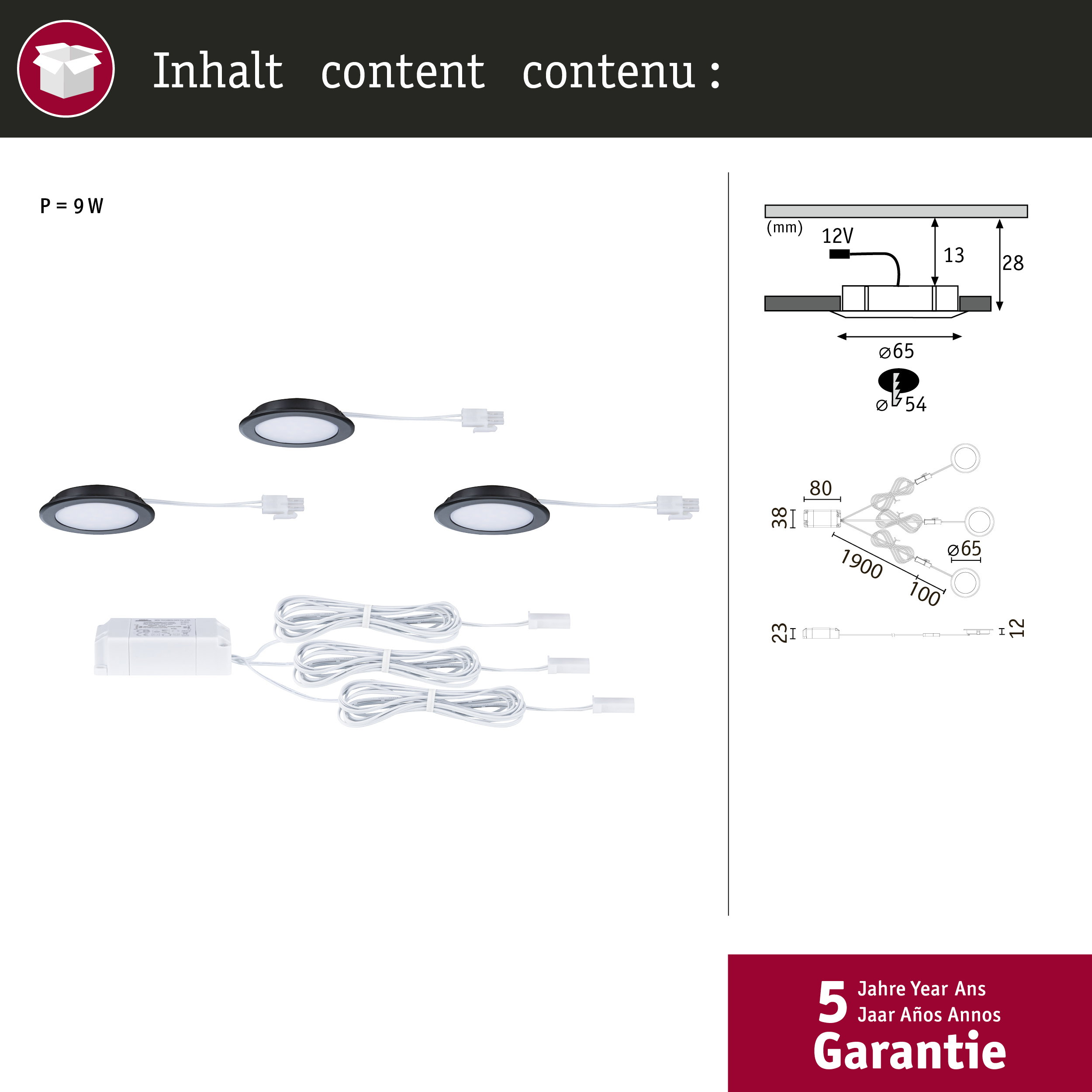3 LED-Spots mit Kabeln, Treiber und technische Zeichnung.