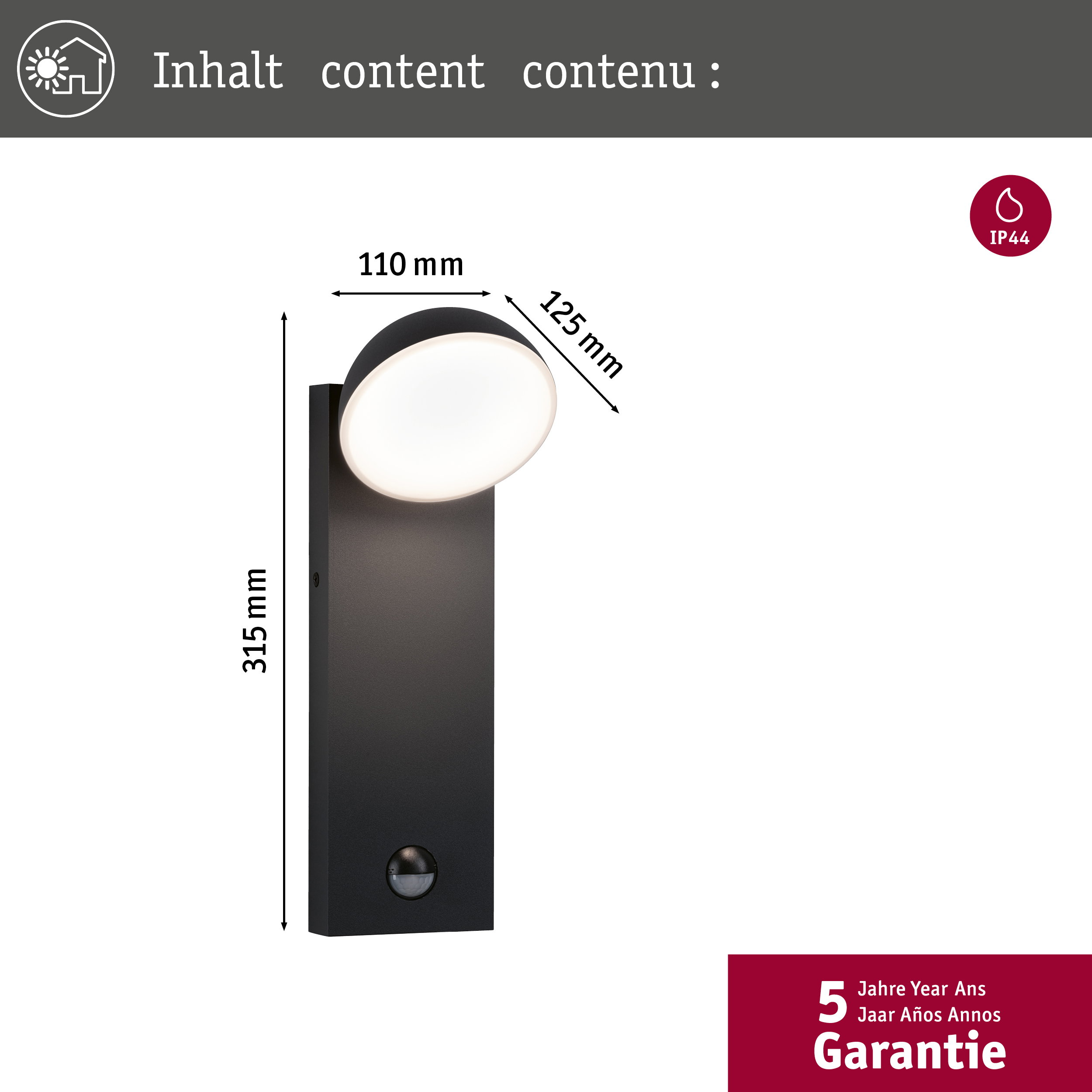 Schwarze Wandleuchte mit Bewegungsmelder, 315mm hoch, 110mm breit.
