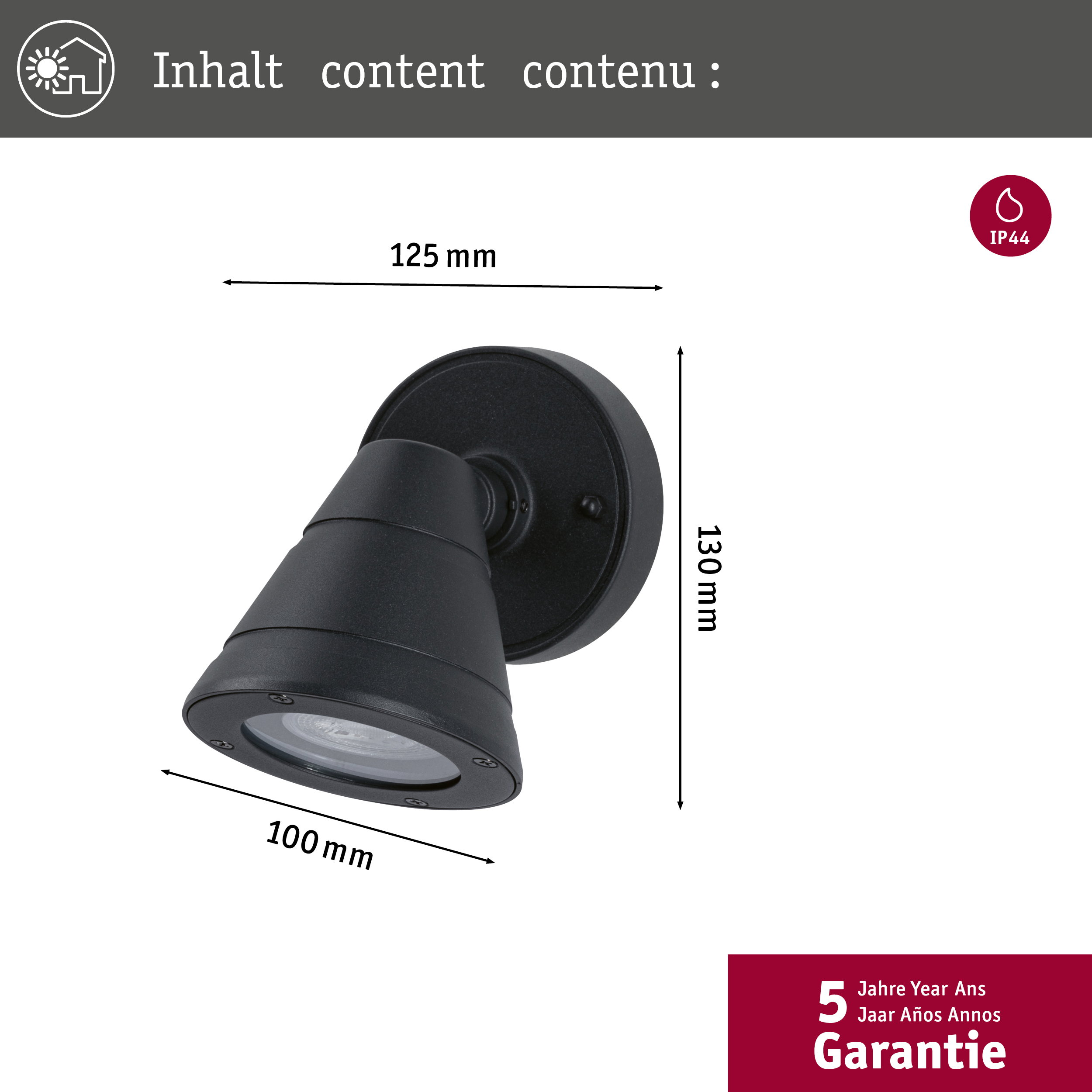 Schwarze Außenleuchte, Maße 125x130x100mm, IP44 Schutz, 5 Jahre Garantie.