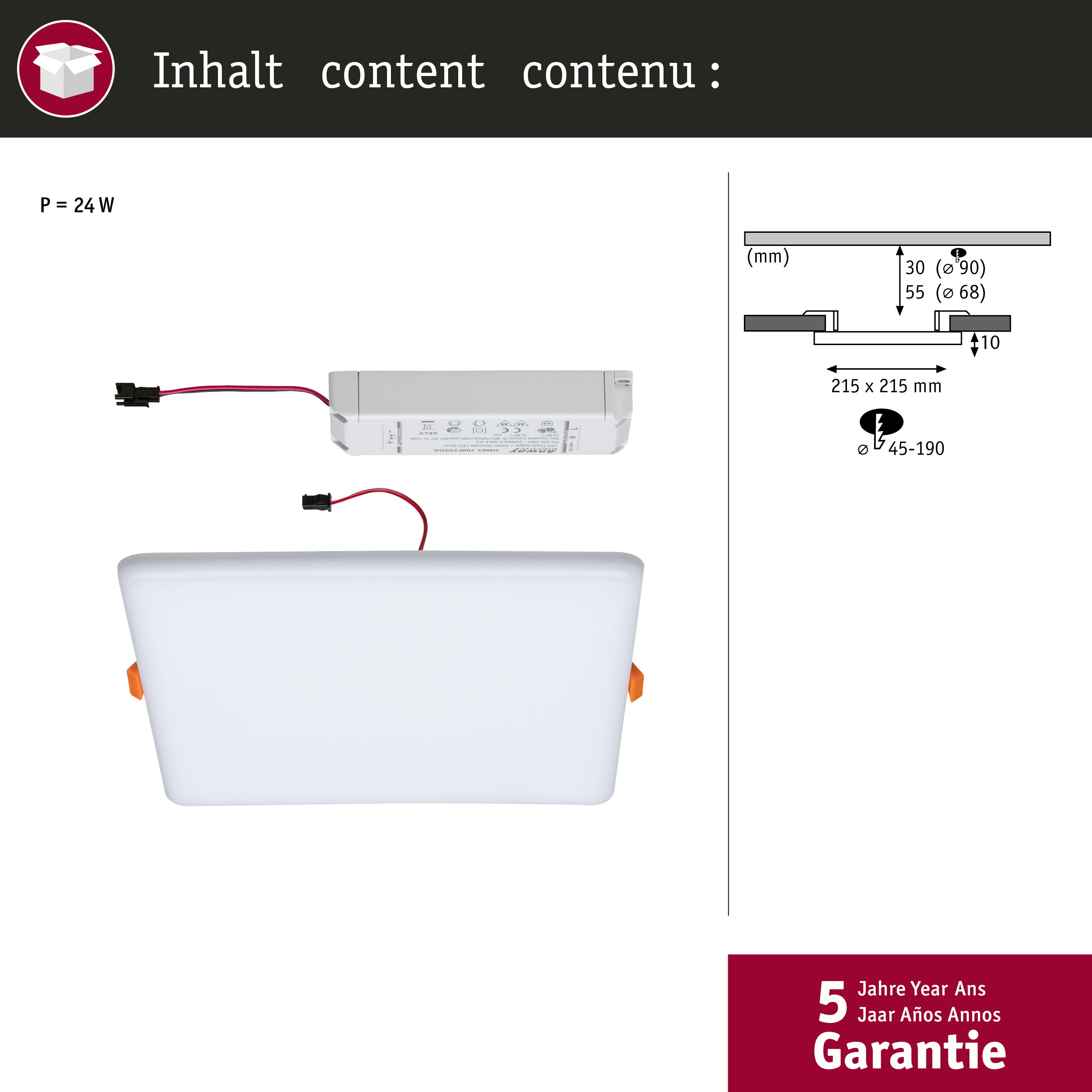 Ein rechteckiger LED-Treiber mit Kabeln und ein Diagramm mit Maßen.