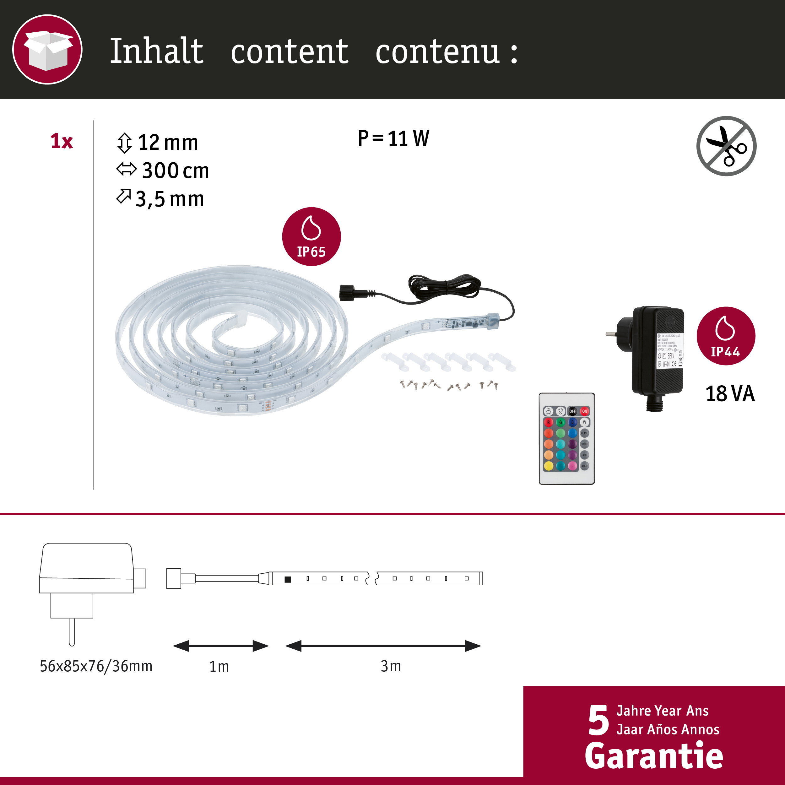 LED-Streifen mit Fernbedienung, Netzteil und Befestigungsmaterial.