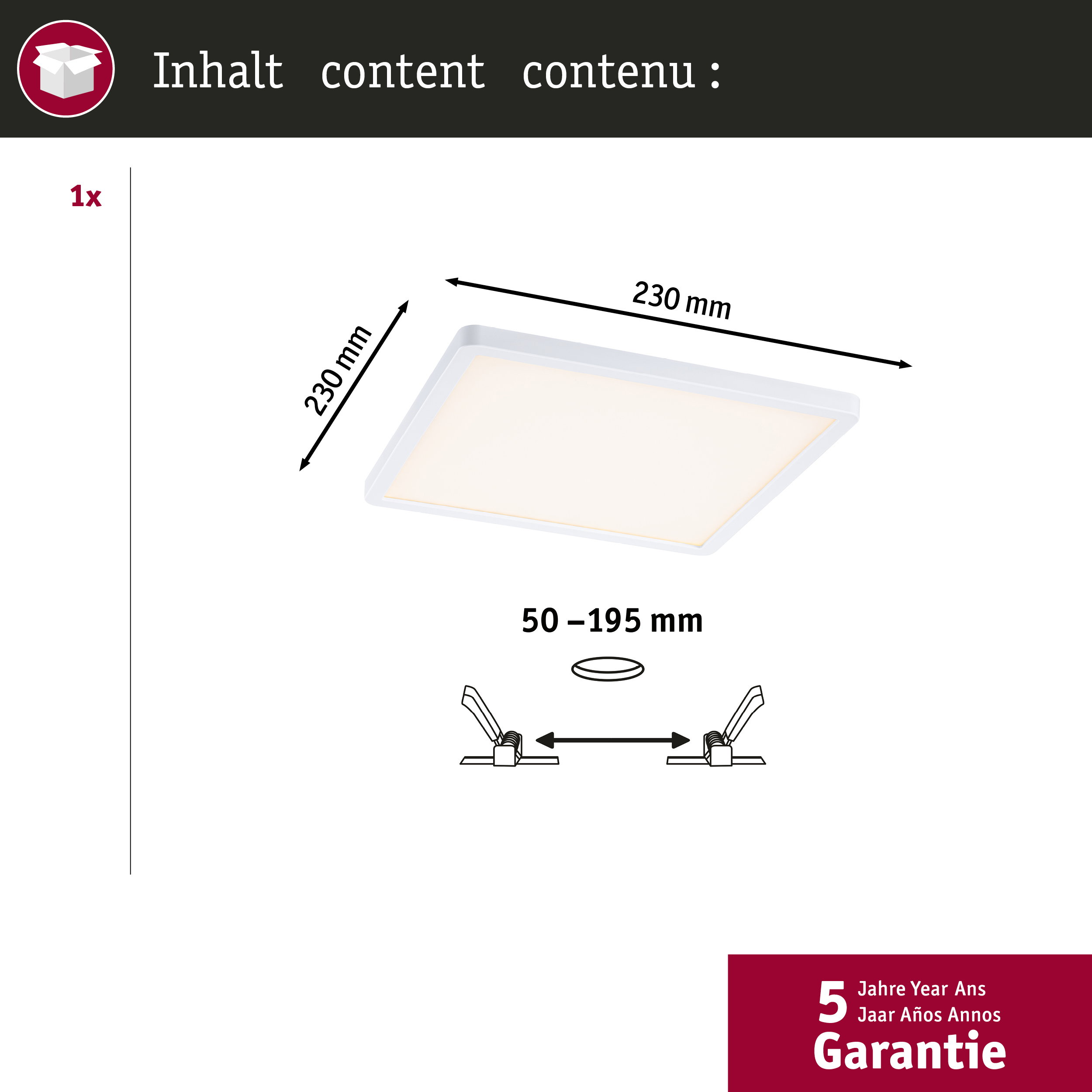 Kwadratowy panel LED 230 mm ze wspornikami montażowymi i wskaźnikami rozmiaru.