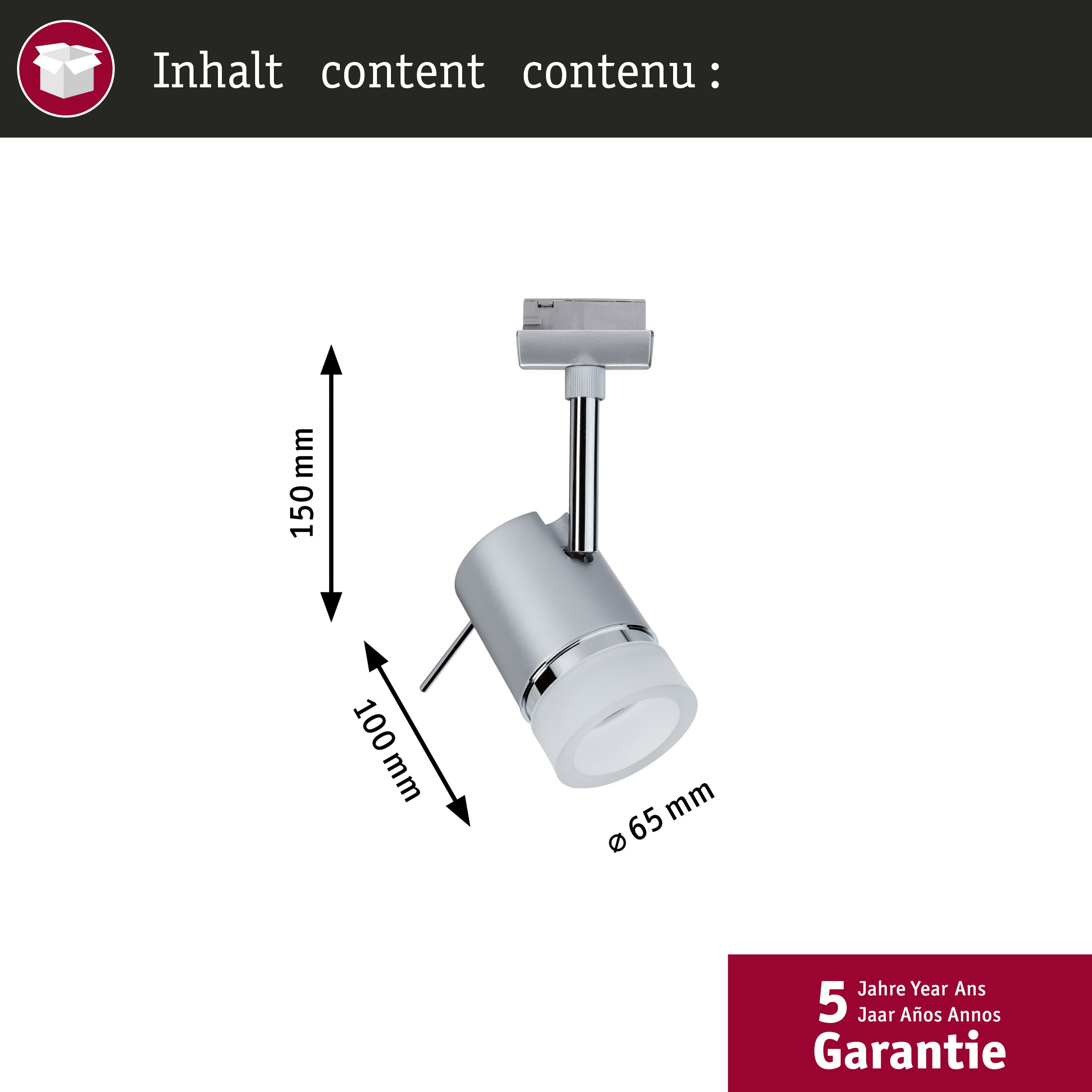 Faretti argento con dimensioni e garanzia di 5 anni.