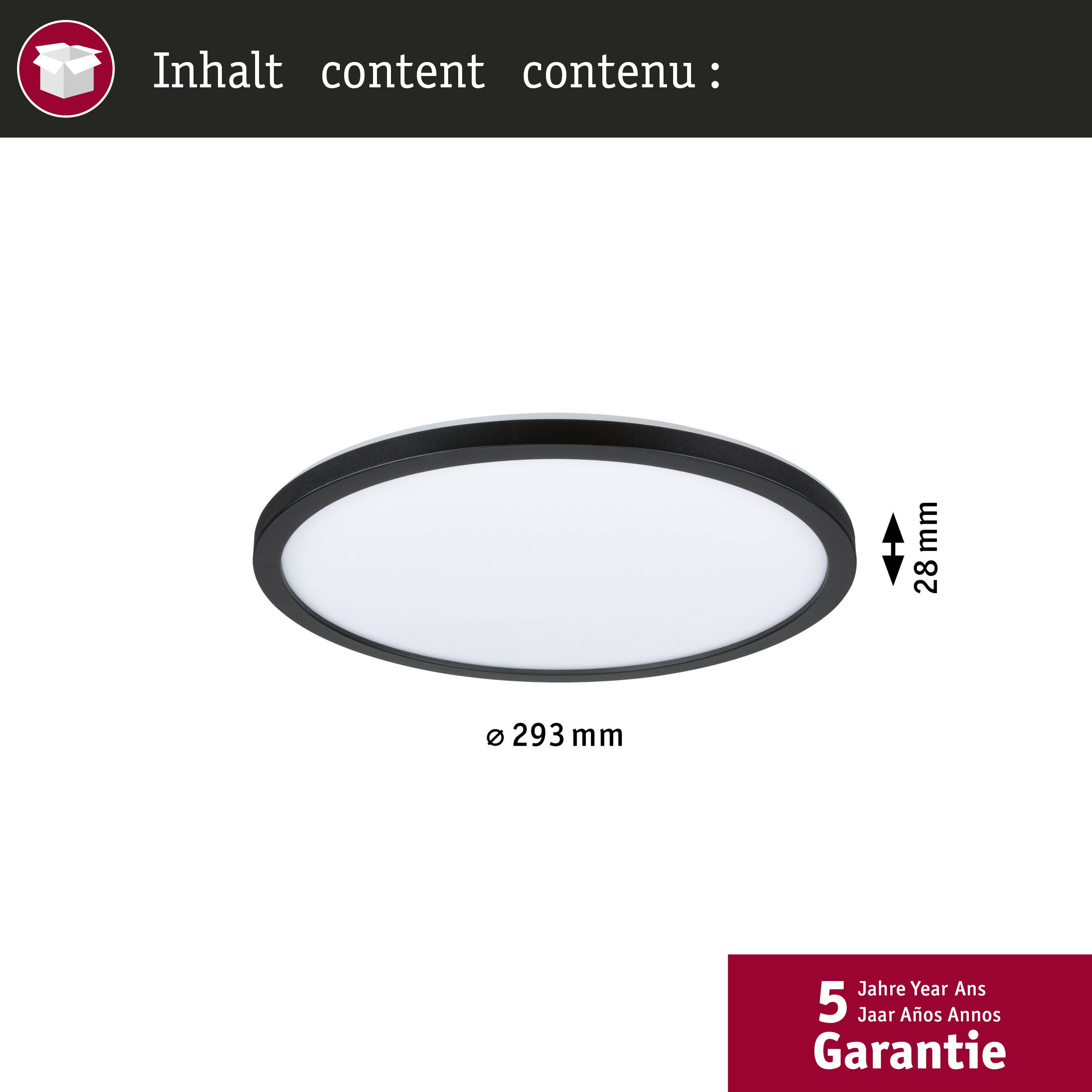 Luce rotonda, diametro 293mm, altezza 28mm, con avviso di garanzia.