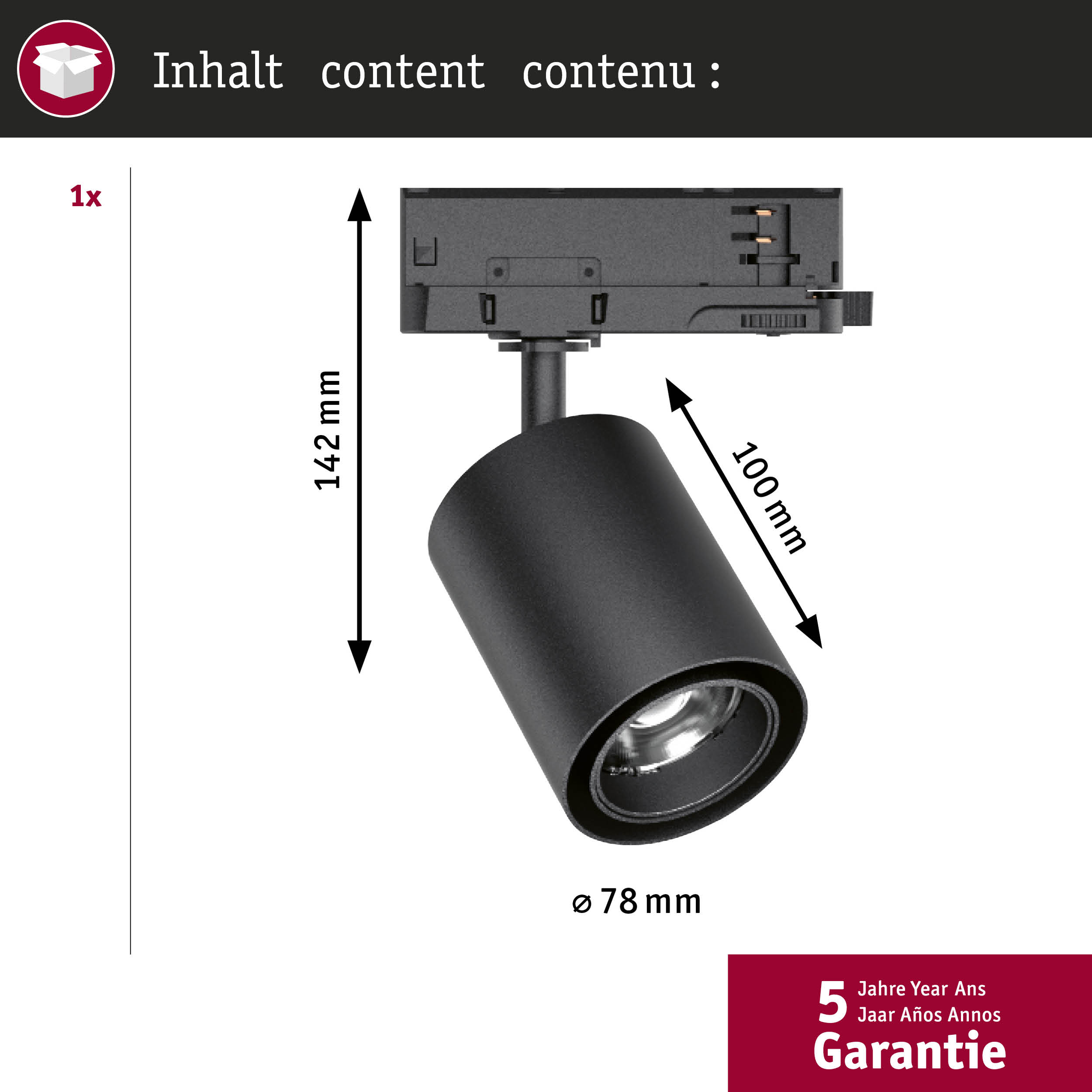 Czarny reflektor szynowy o wymiarach: wysokość 142mm, długość 100mm, średnica 78mm.