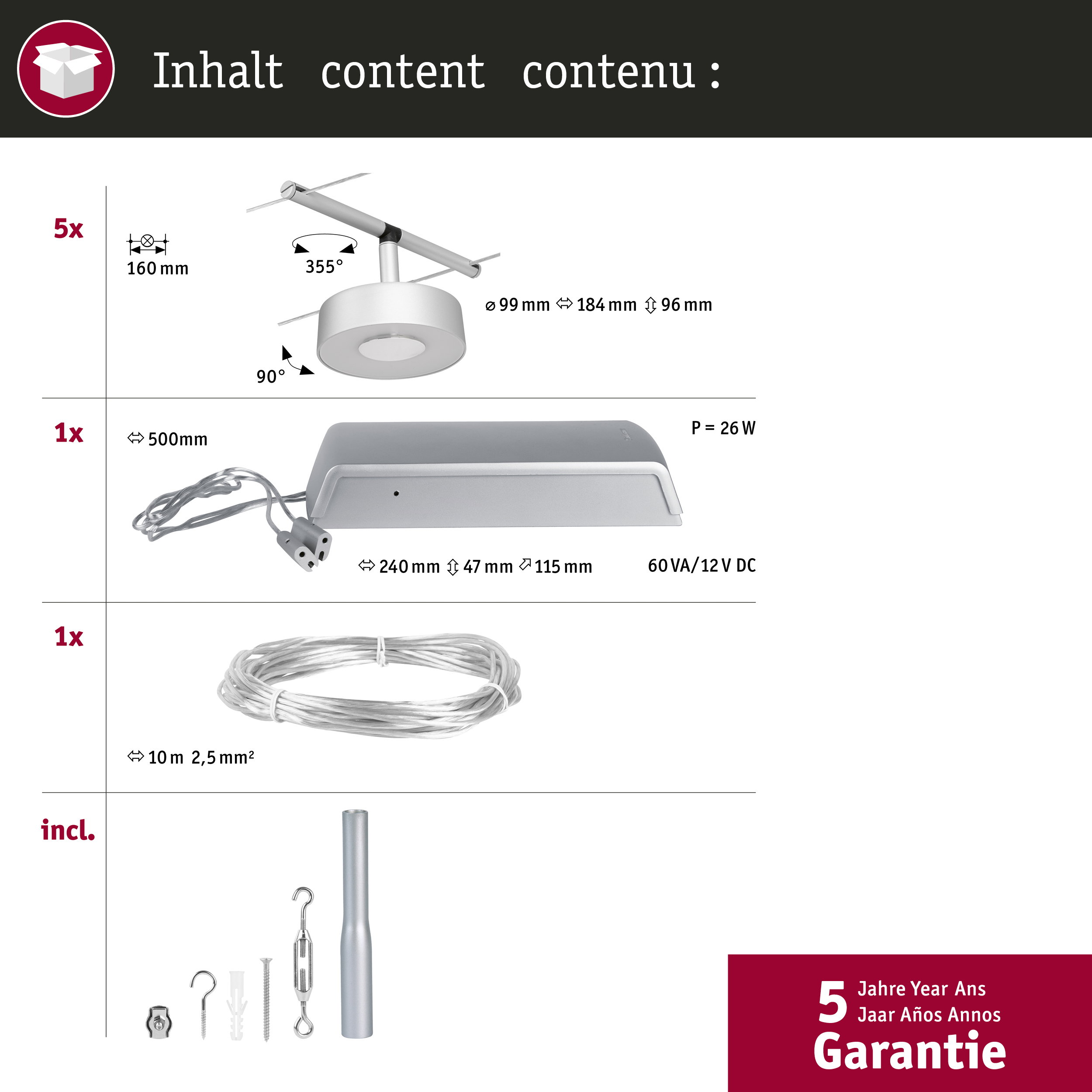 Wymiary i zawartość: 5x lampa, 1x zasilacz, 1x kabel, akcesoria.
