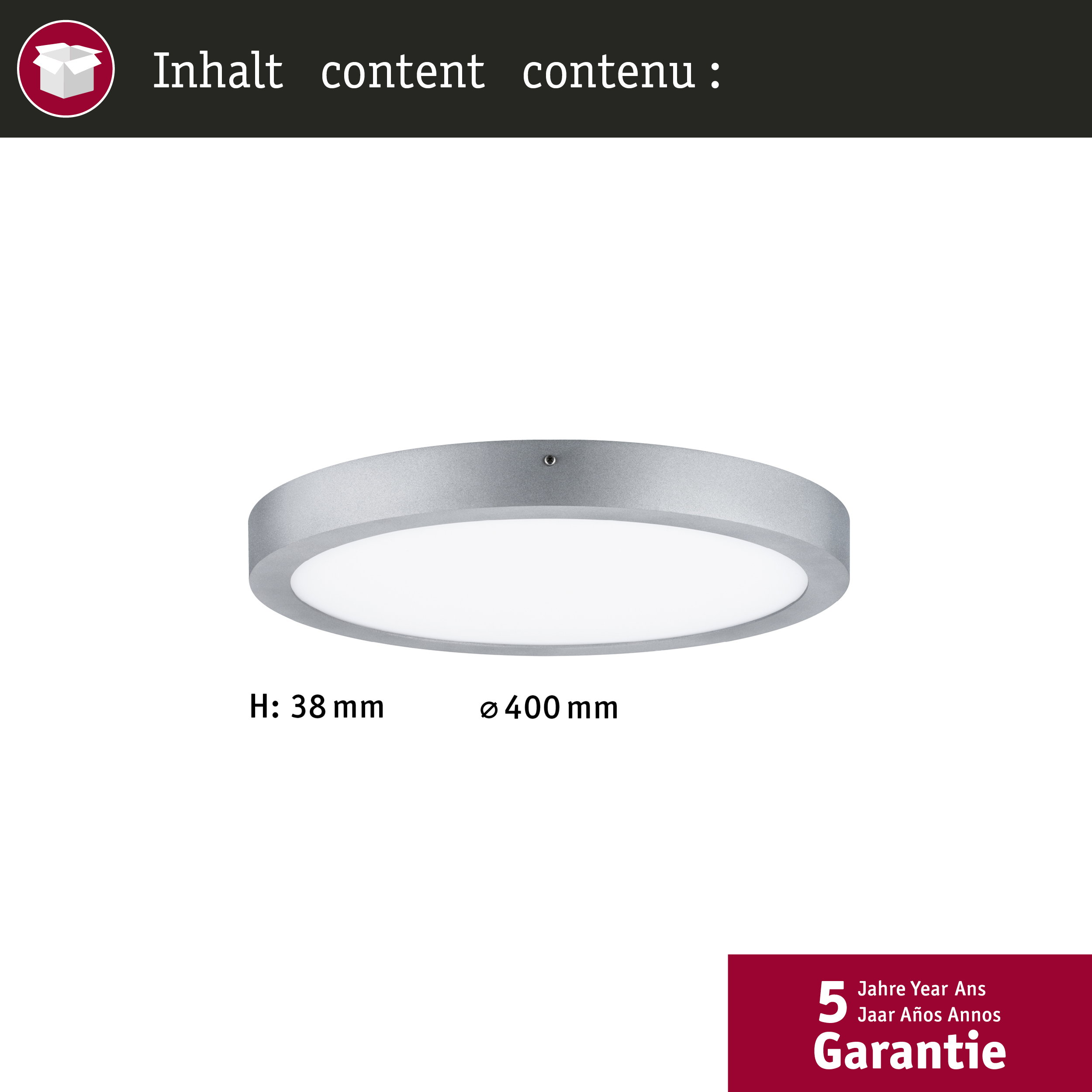 Una plafoniera rotonda argentata con illuminazione diffusa, H: 38mm, Ø: 400mm.