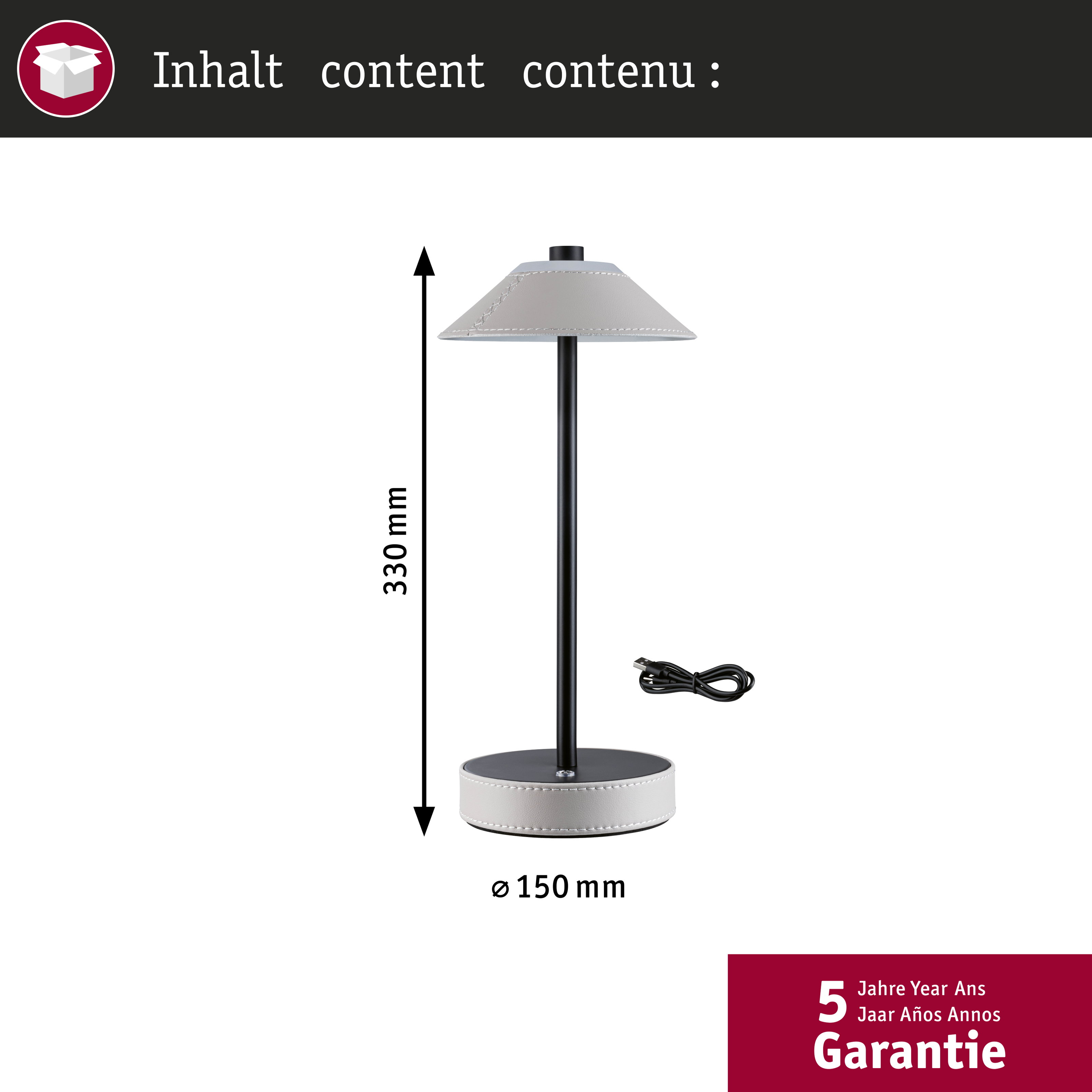 Biała lampa z czarnym stojakiem i kablem, wys. 330mm, śr. 150mm.