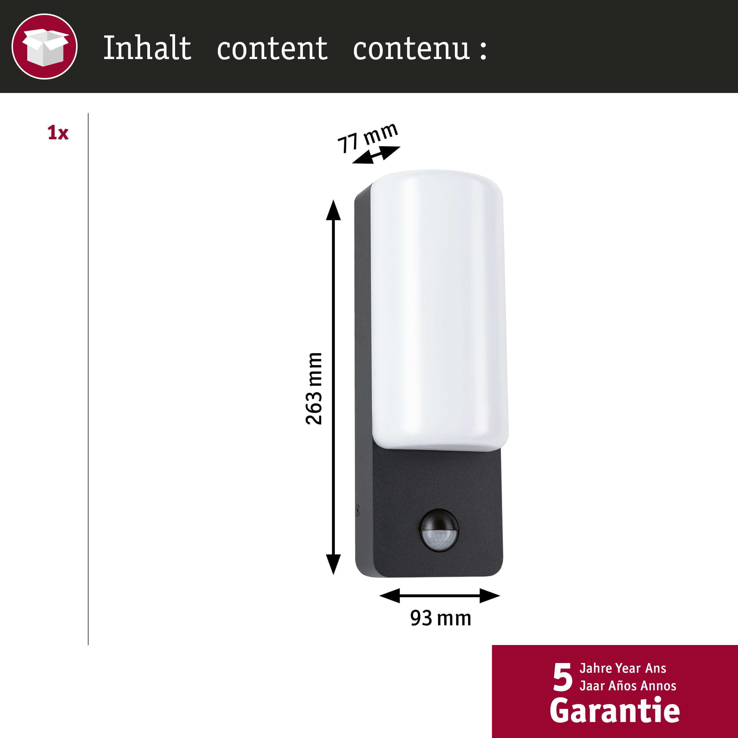 Czarna lampa zewnętrzna z czujnikiem ruchu, wysoka na 263mm, szeroka na 77mm, głęboka na 93mm.