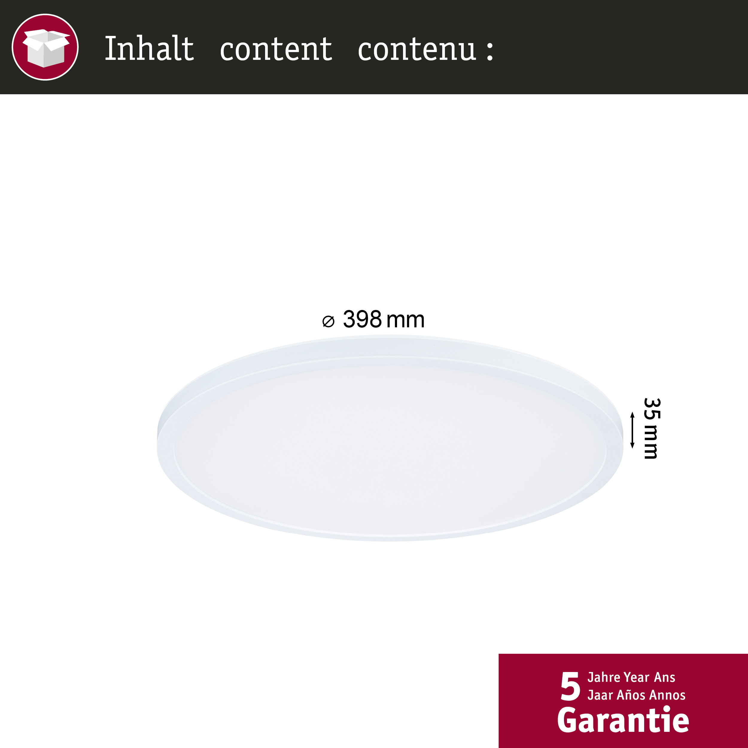 Biała lampa sufitowa o średnicy 398 mm i wysokości 35 mm.