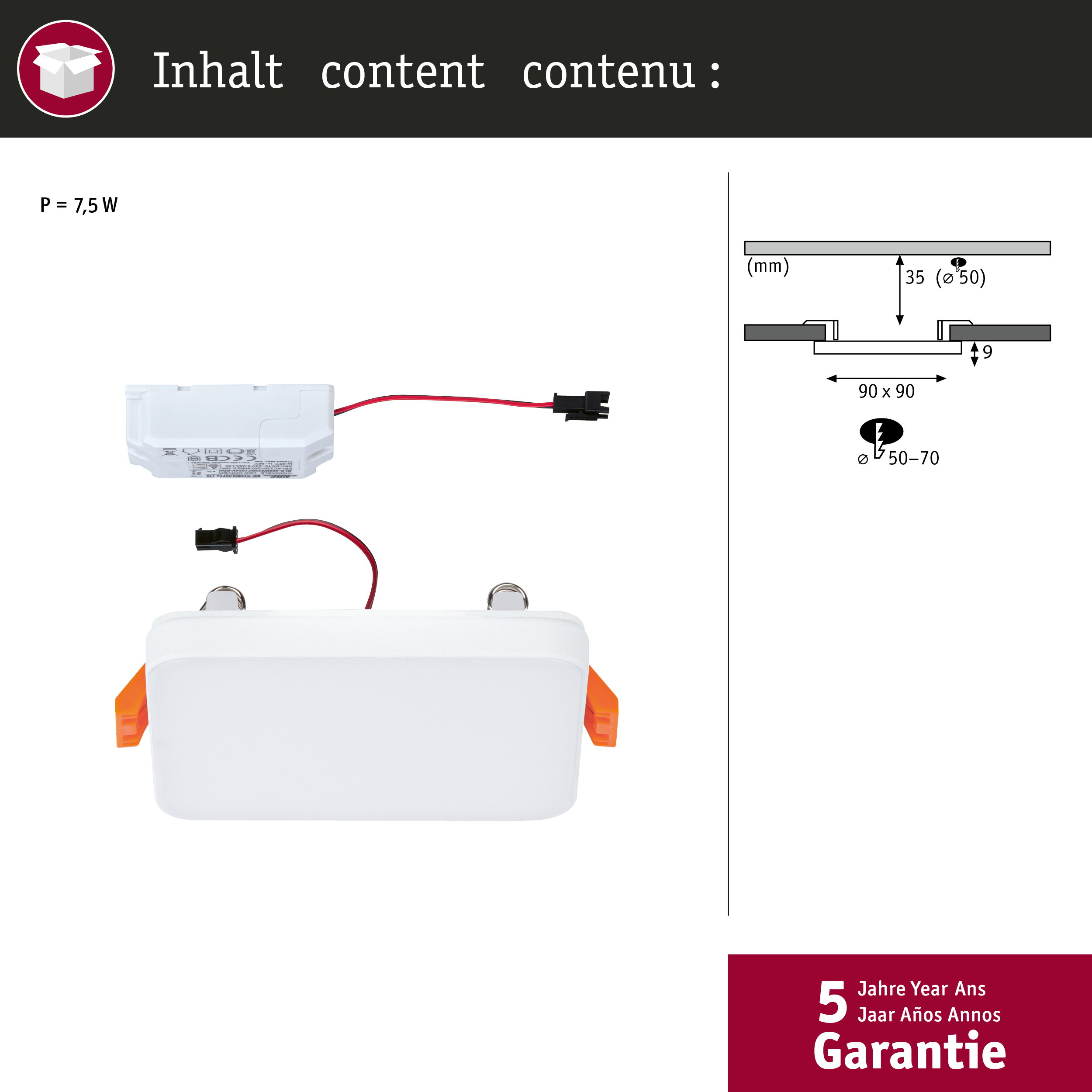 Ein weißer LED-Einbaustrahler mit Netzteil und Montagezeichnung.