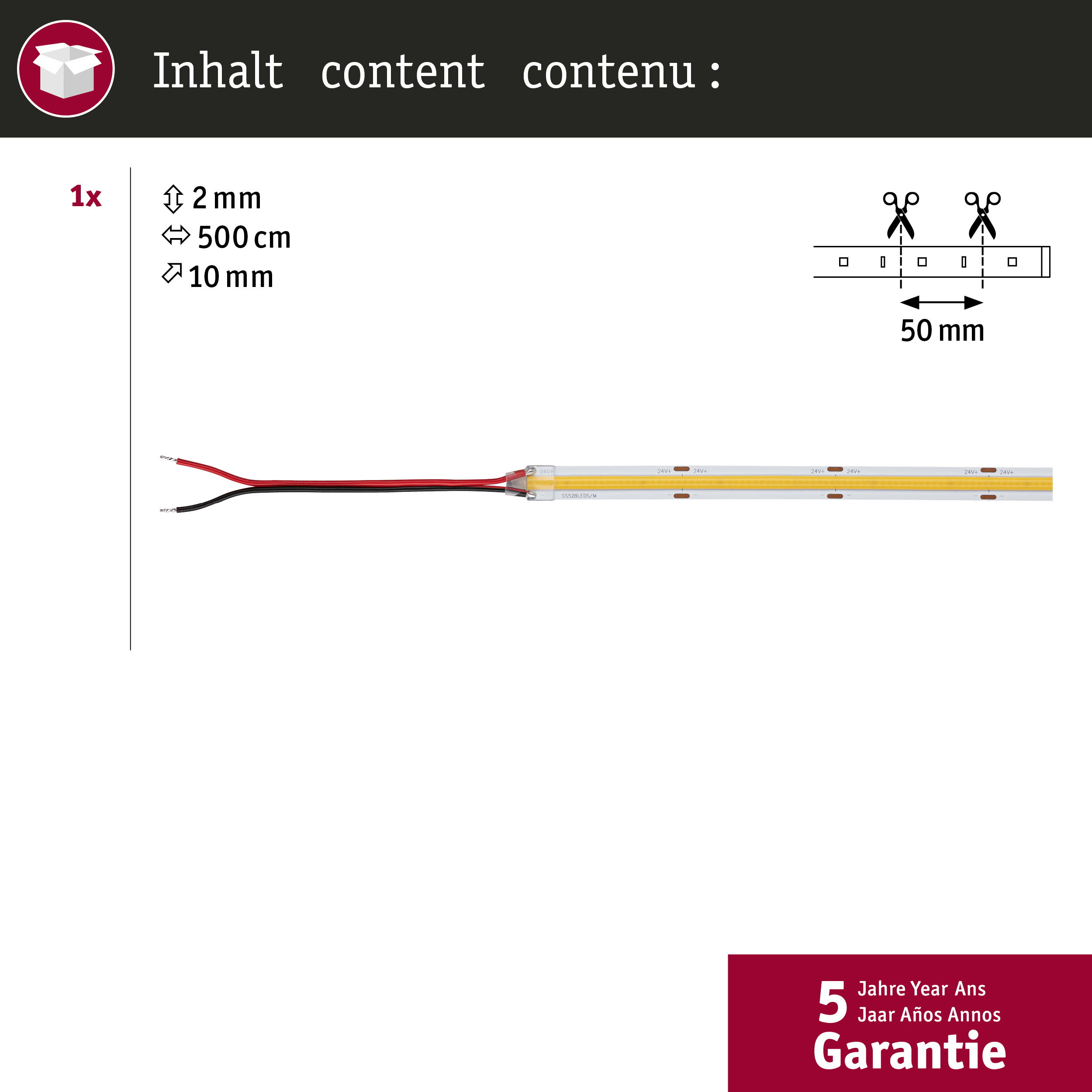 1x Taśma LED, 2mm x 500cm x 10mm, z kablem przyłączeniowym i oznaczeniami cięcia.