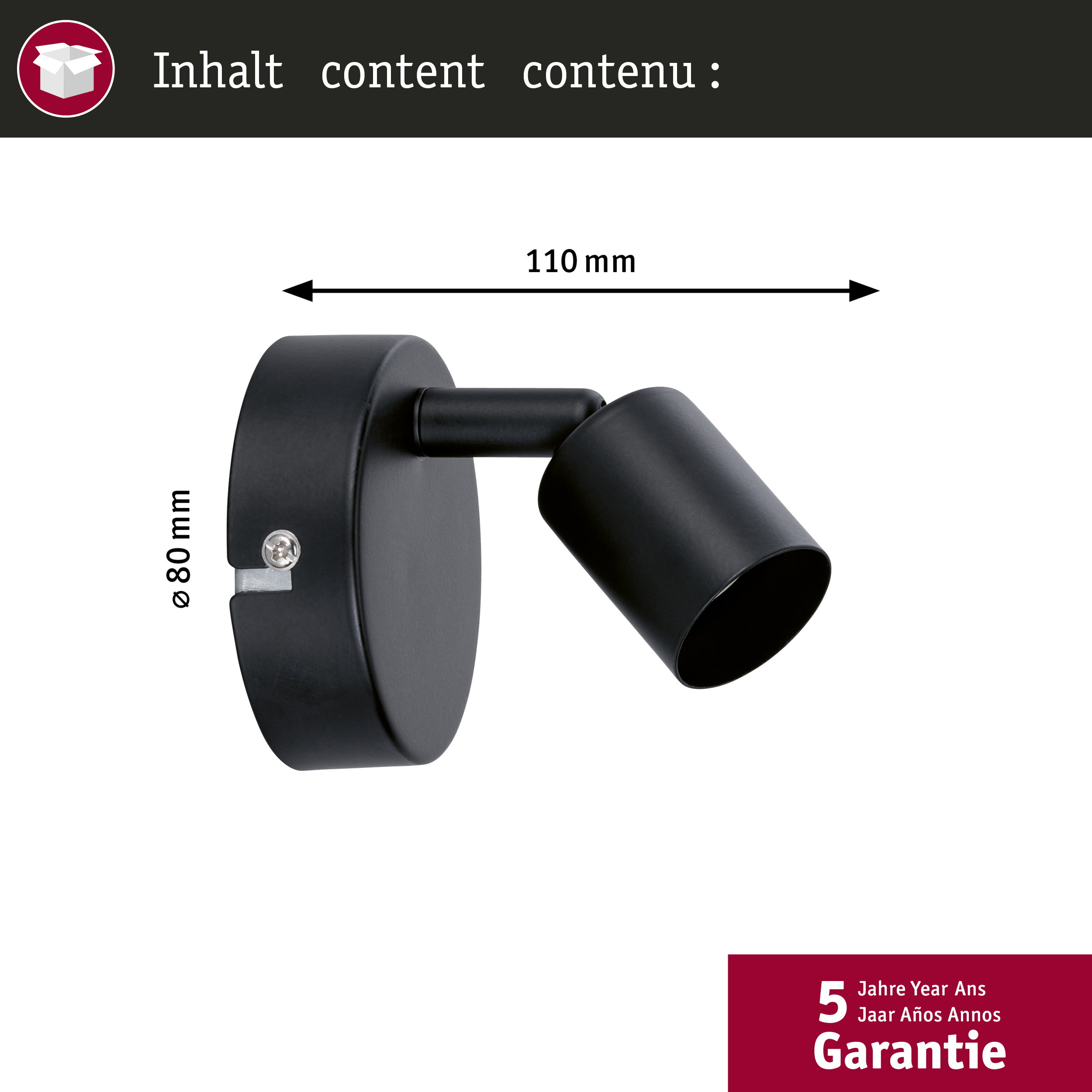 Schwarzer Wandspot mit Maßen 80mm x 110mm und 5 Jahre Garantie.