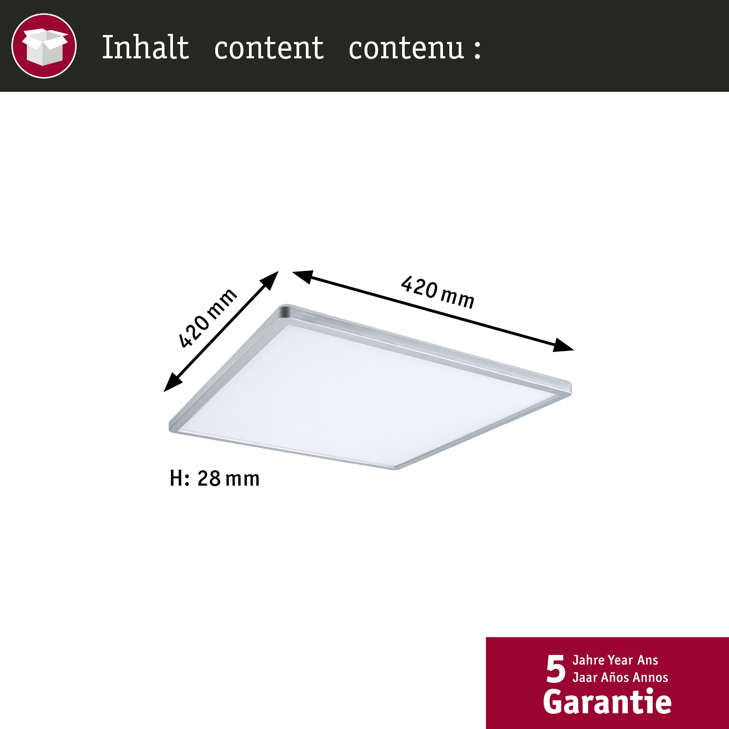 Ein rechteckiges Panel, 420x420mm, 28mm hoch, mit silbernem Rahmen.