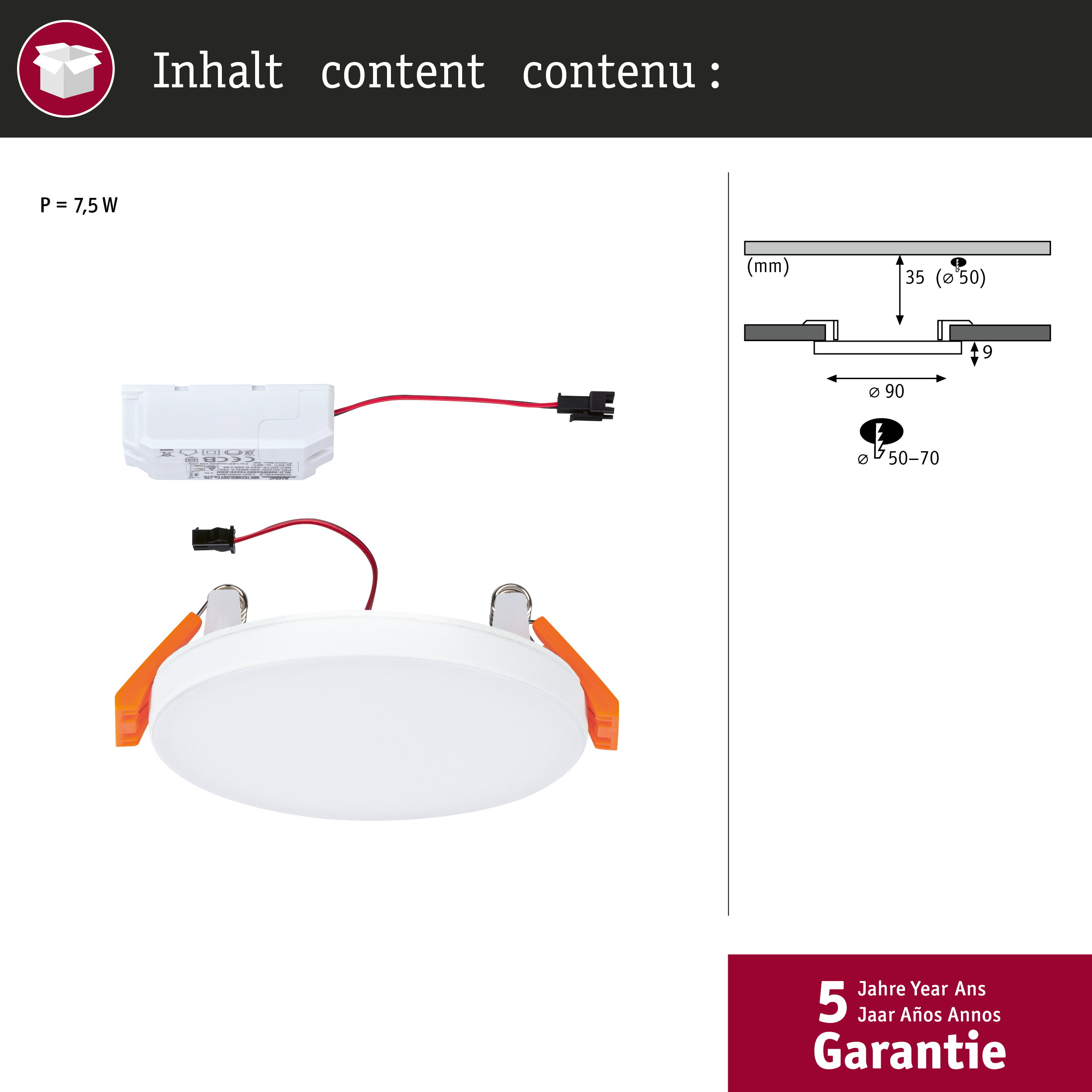 Eine weiße LED-Leuchte mit orangefarbenen Klammern und einem Treiber. Technische Zeichnung daneben.