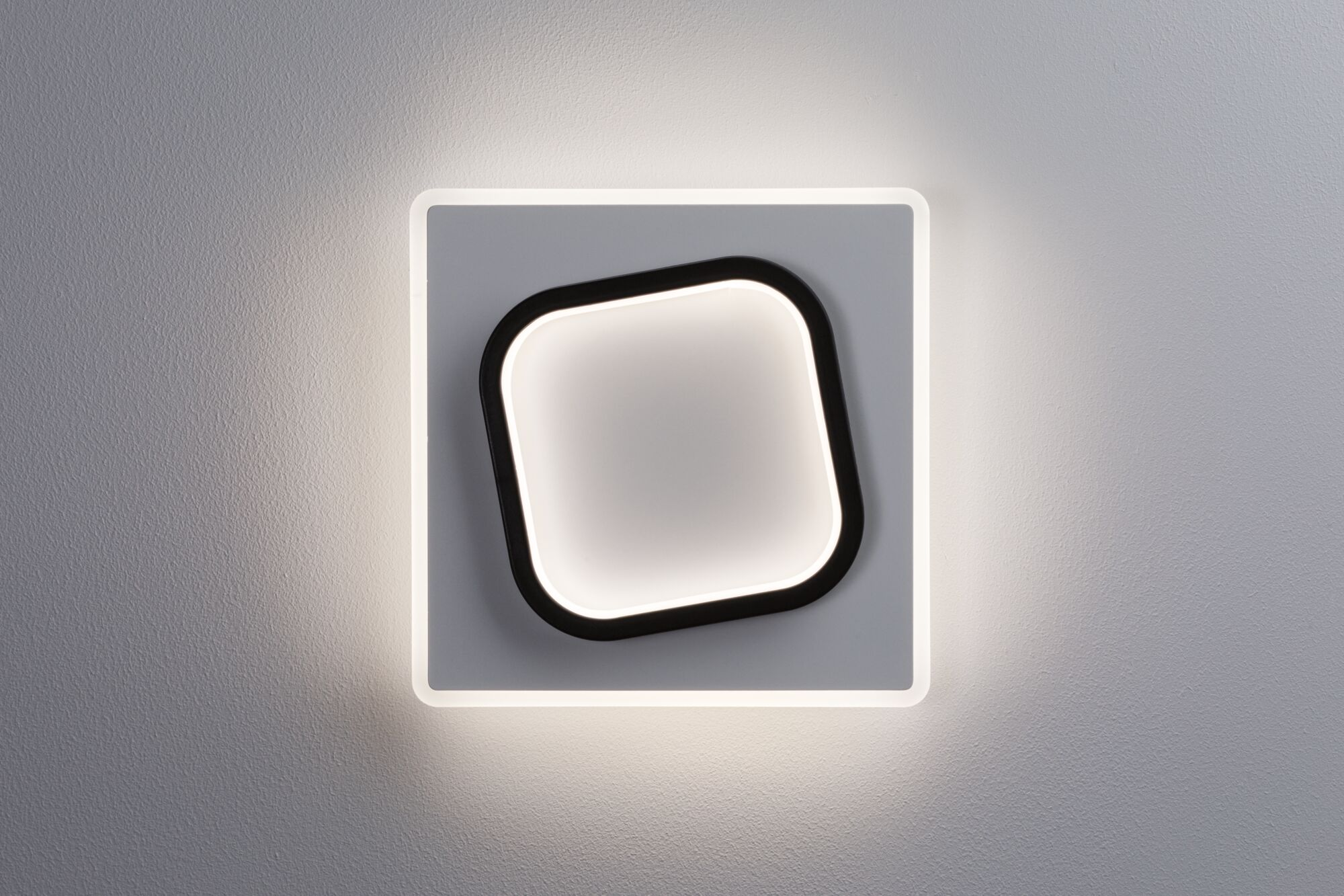 Nowoczesna, podświetlana lampa ścienna z szarą ramą i czarną krawędzią.