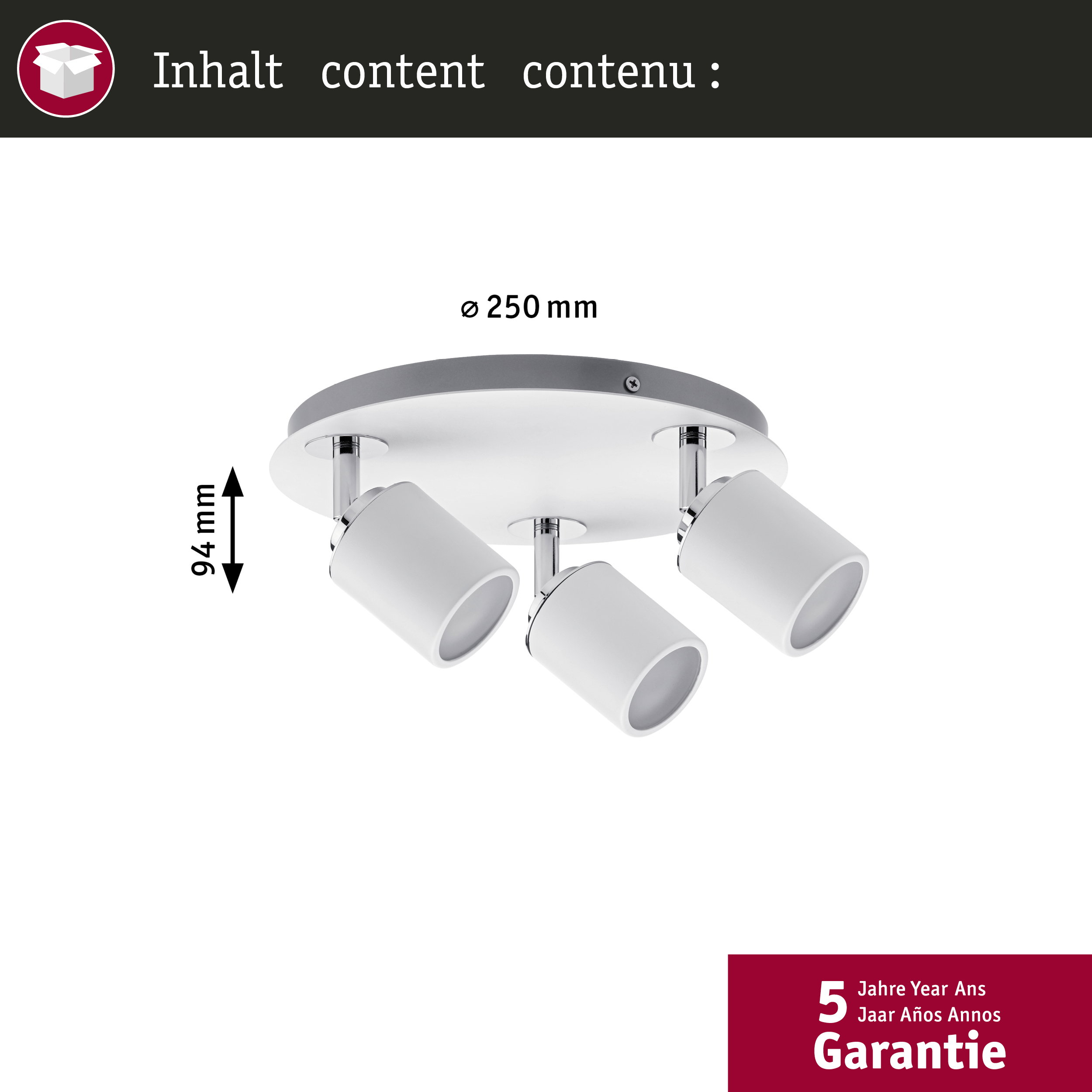 Lampa sufitowa z trzema białymi spotami, średnica 250 mm, wysokość 94 mm.