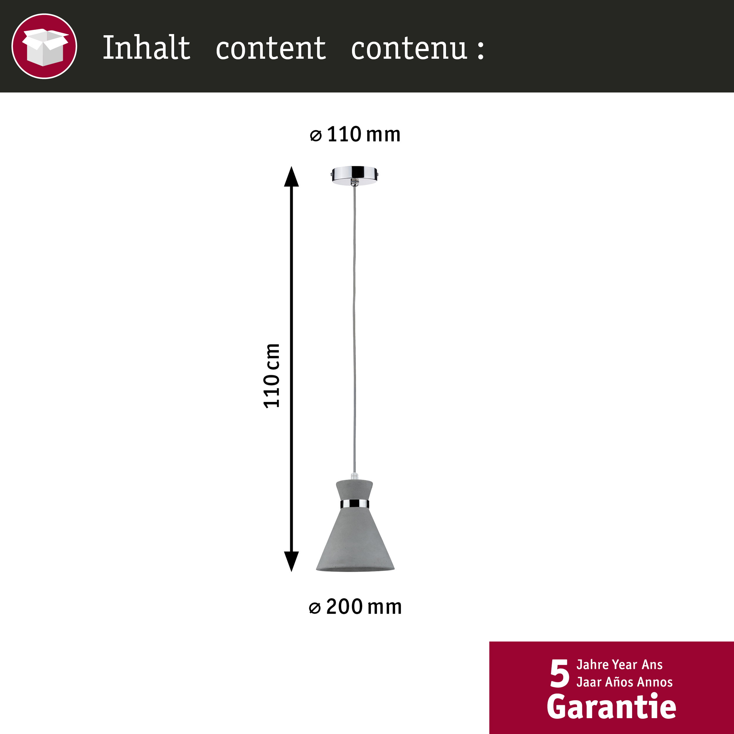 Eine graue Pendelleuchte mit Betonoptik, 110cm hoch, 200mm breit.