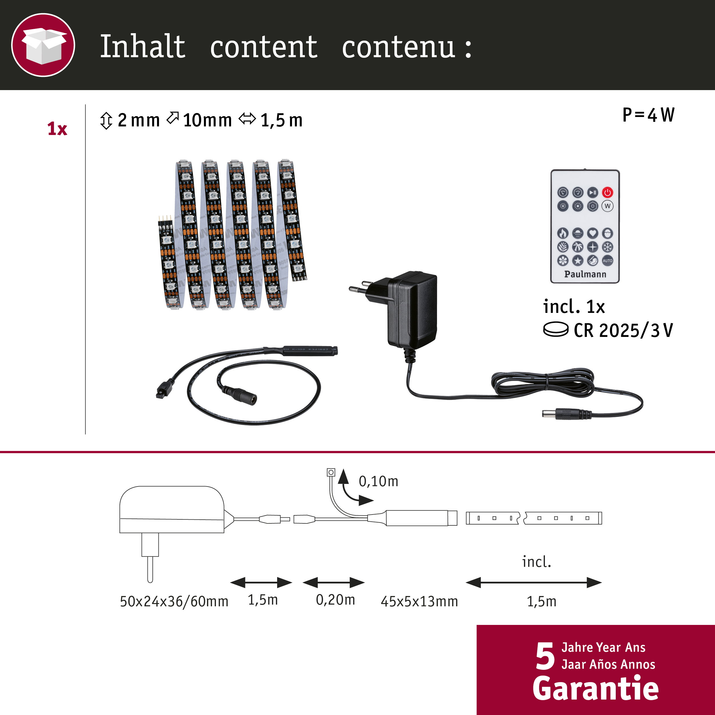 Taśma LED z pilotem, zasilaczem i baterią. Podano wymiary i moc.