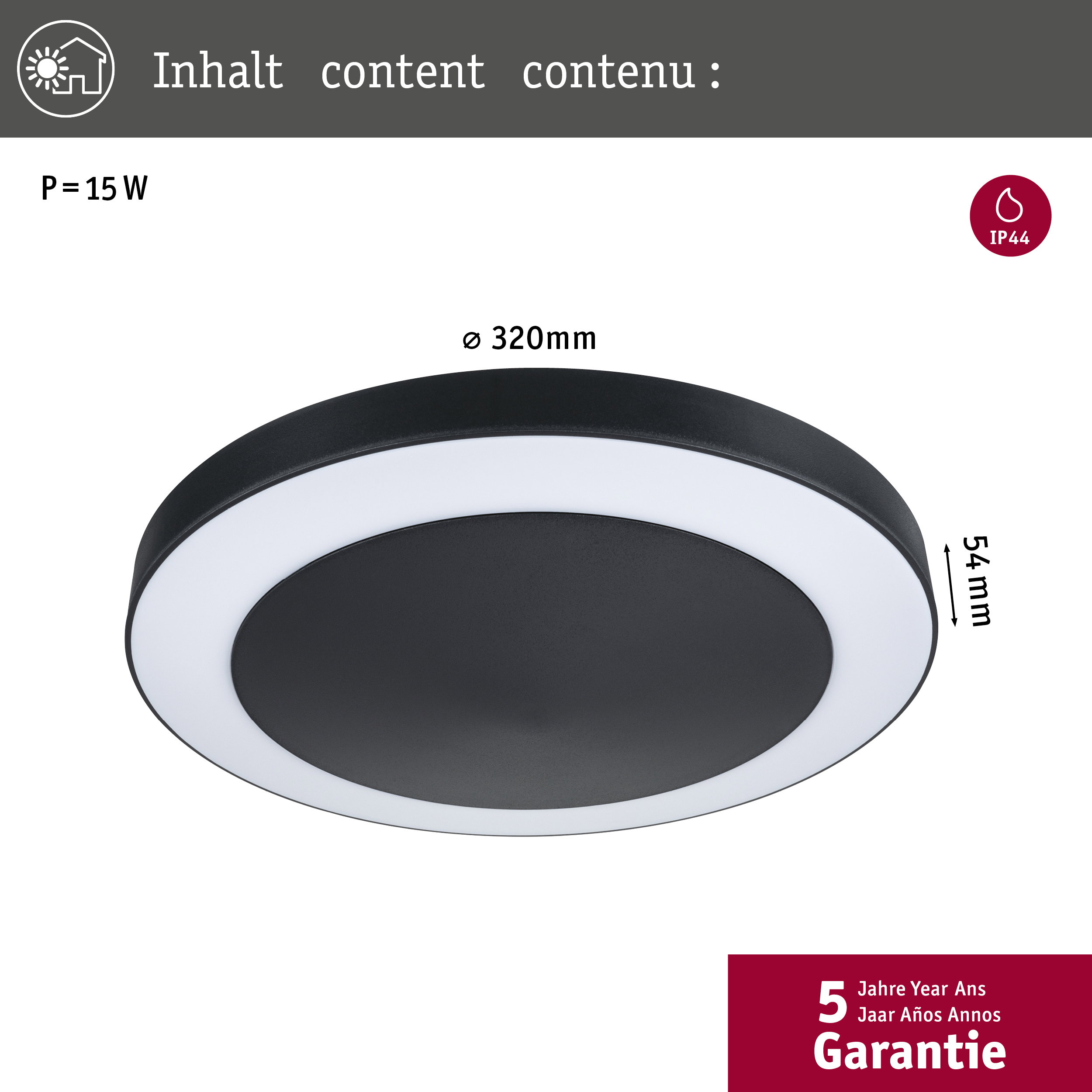 Okrągła, płaska czarna lampa z białym obramowaniem, średnica 320mm, wysokość 54mm, IP44.