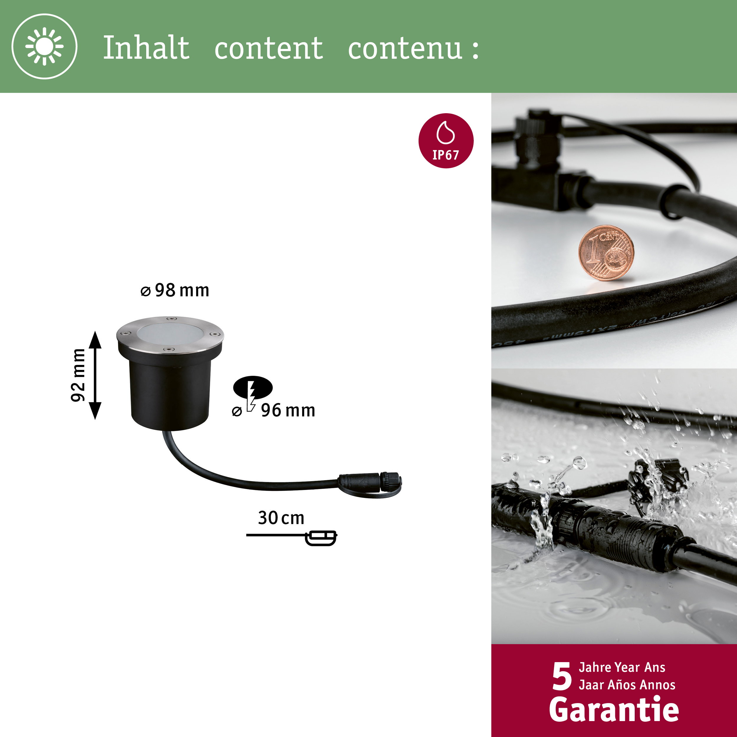Ein schwarzer Einbauspot mit Maßen und Anschlusskabel, IP67-Bewertung.