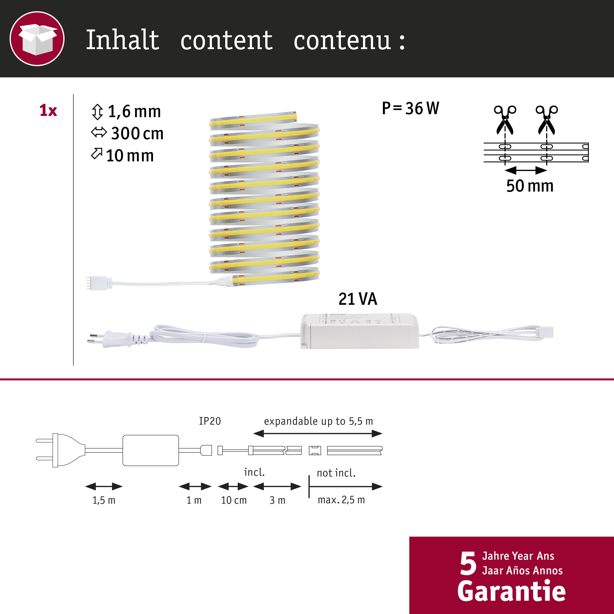 Ein LED-Streifen mit Zubehör, Maße und Spezifikationen.