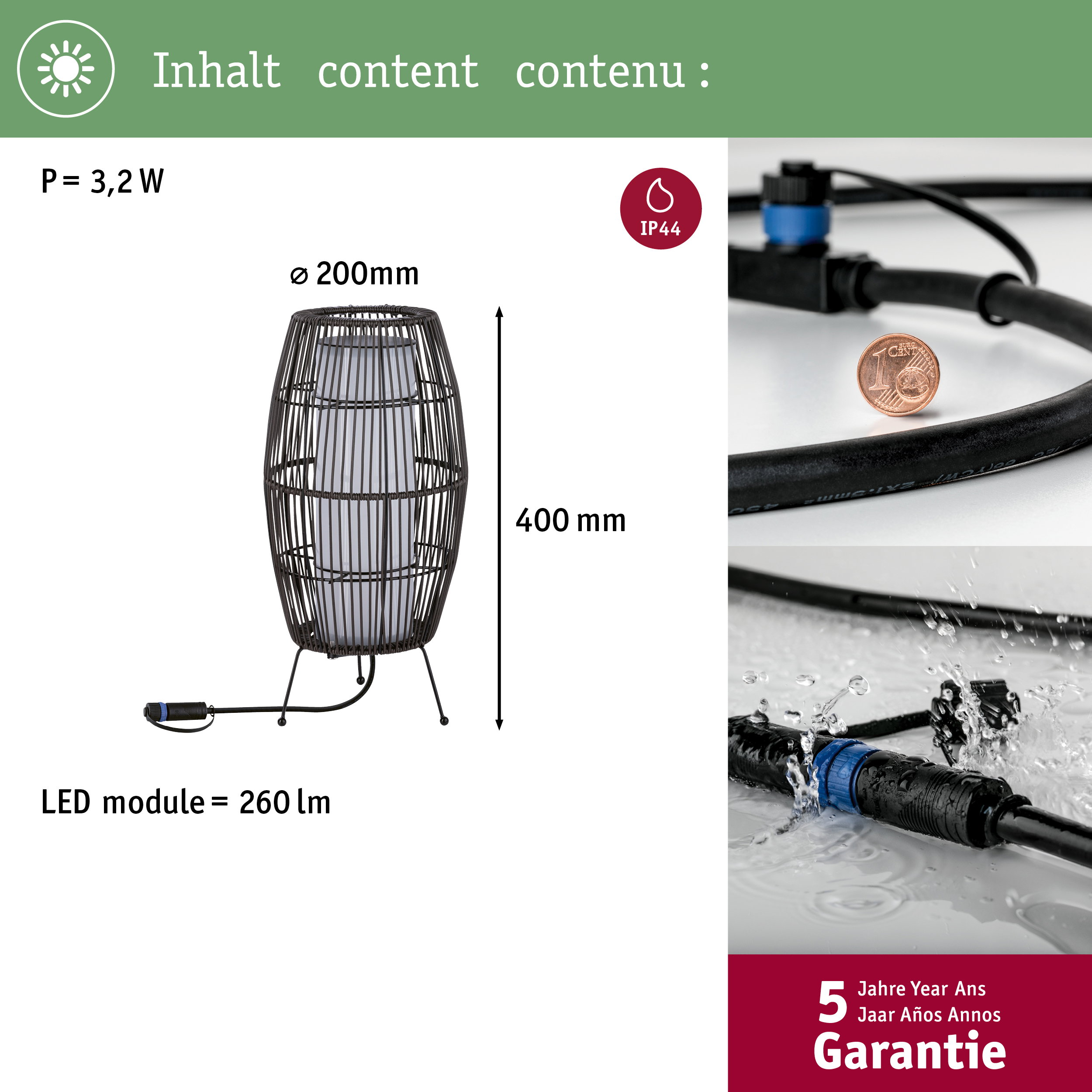 Geflochtene Lampe, IP44-Anschluss, 3,2W, 260lm, 400mm hoch. 5 Jahre Garantie.
