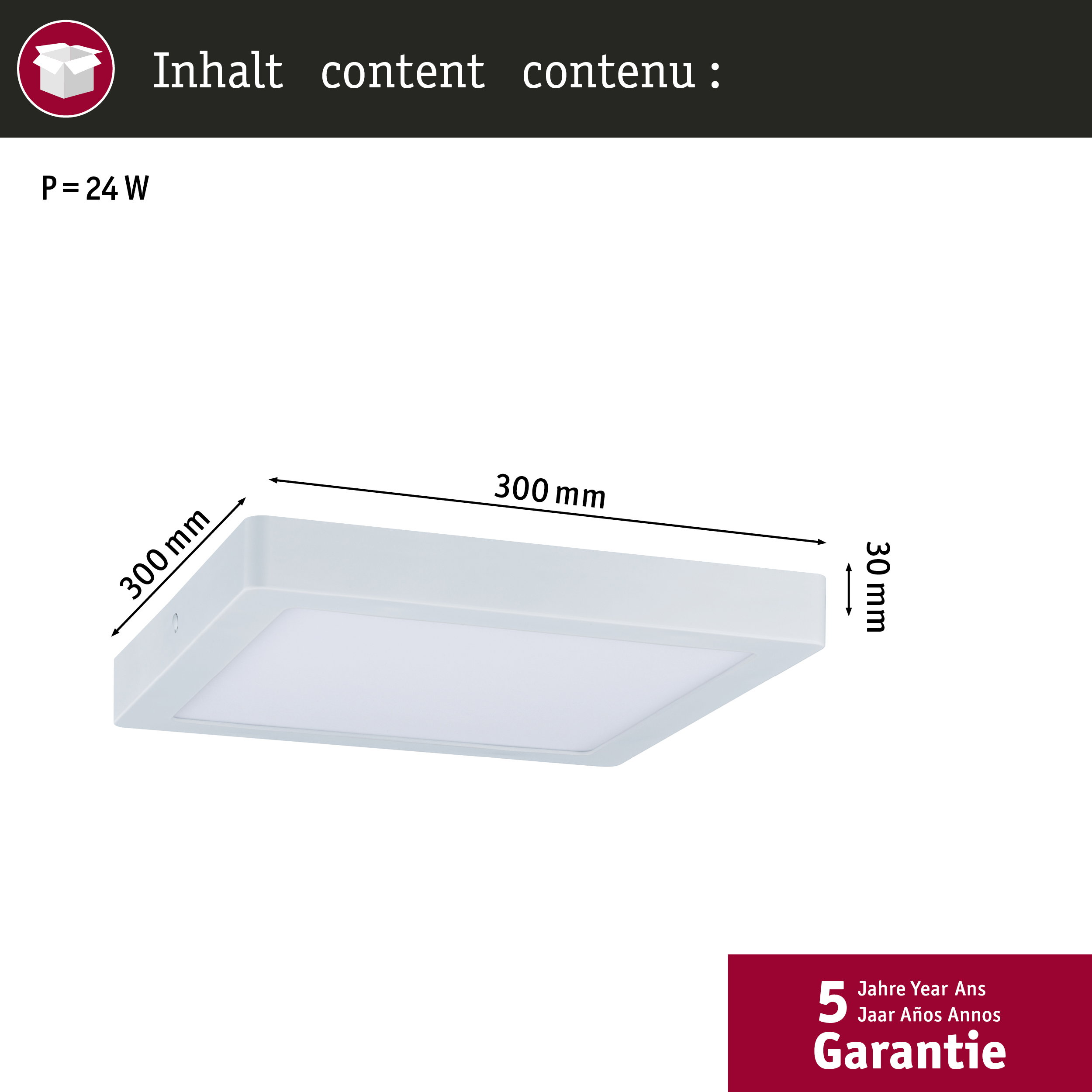 Pannello bianco 300x300x30mm, 24W, garanzia 5 anni.